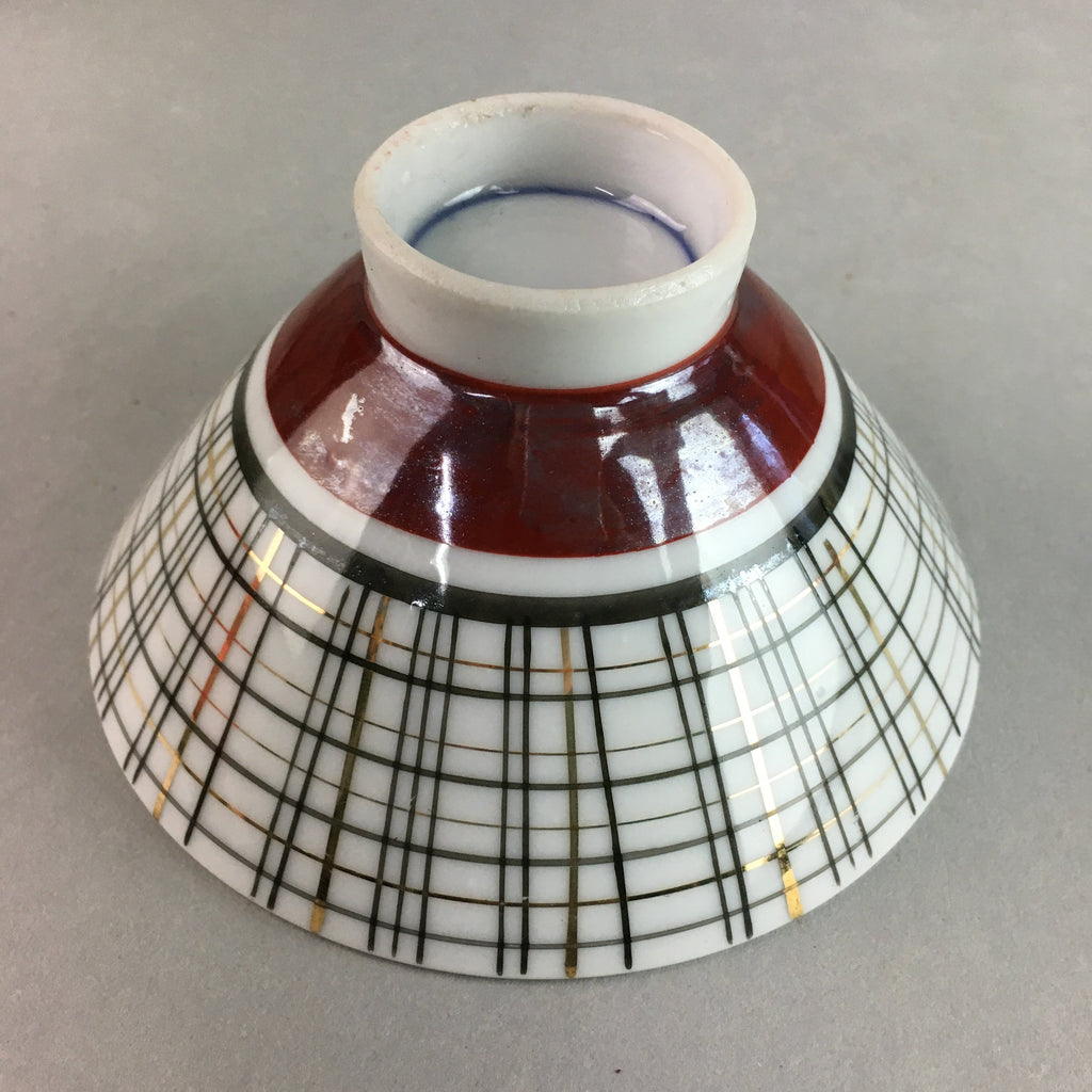 Japanese Porcelain Rice Bowl Vtg Chawan Plaid Black Gold Red PP267