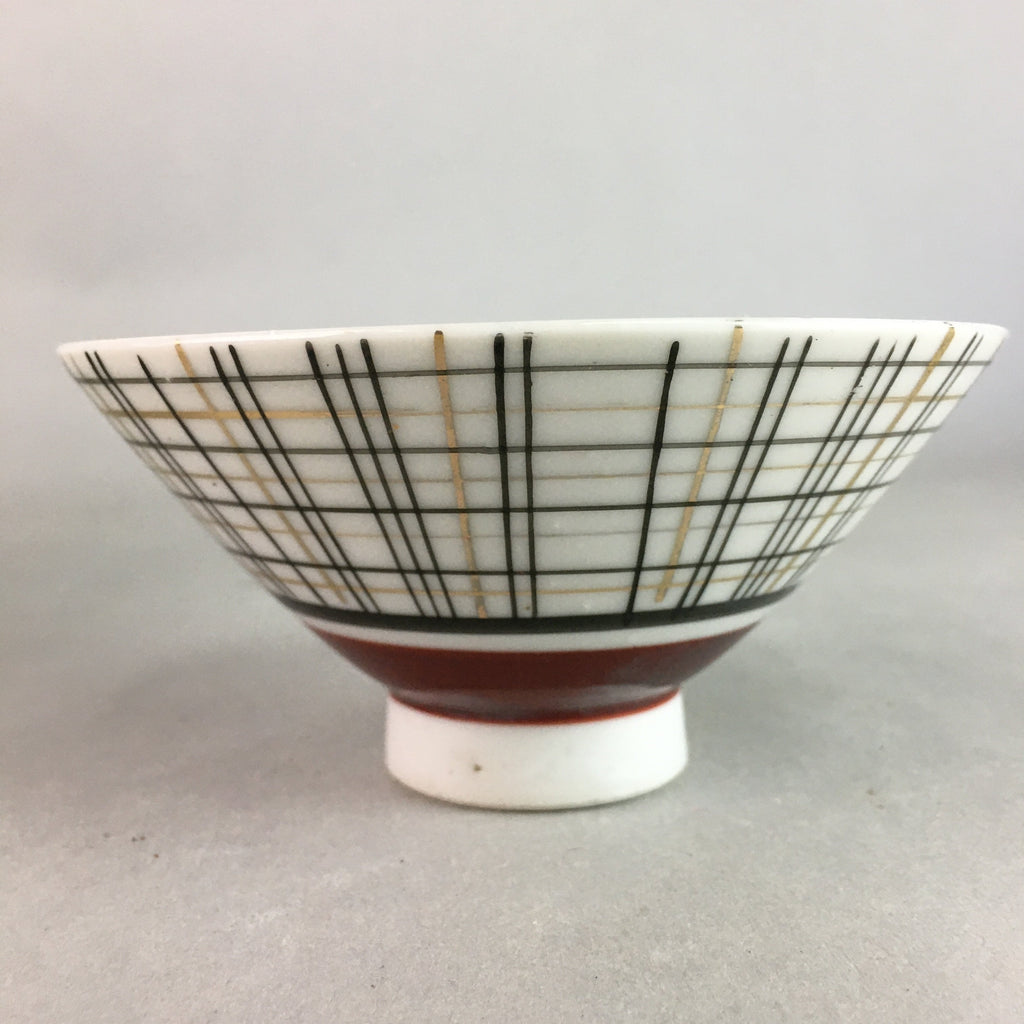 Japanese Porcelain Rice Bowl Vtg Chawan Plaid Black Gold Red PP267