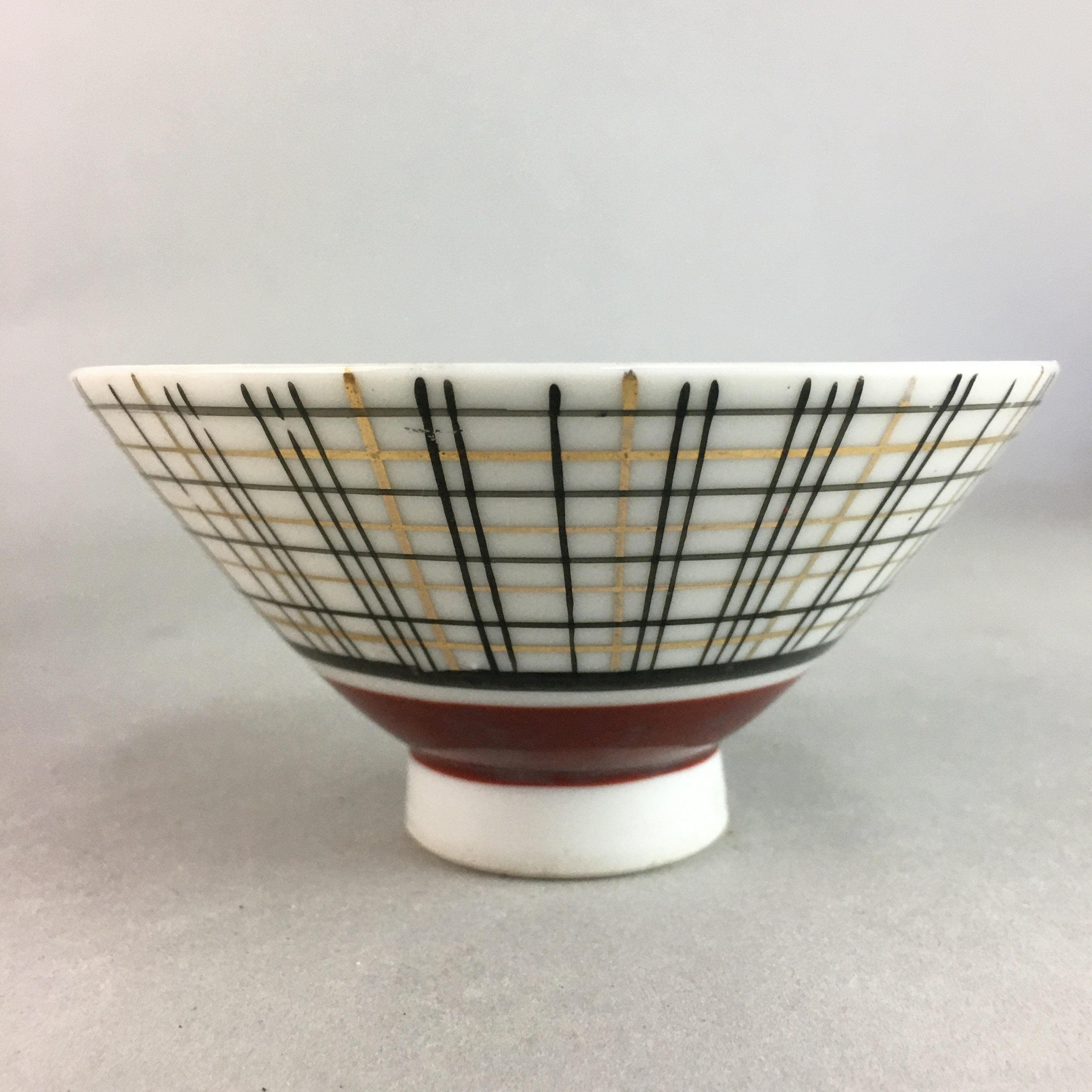 Japanese Porcelain Rice Bowl Vtg Chawan Plaid Black Gold Red PP267