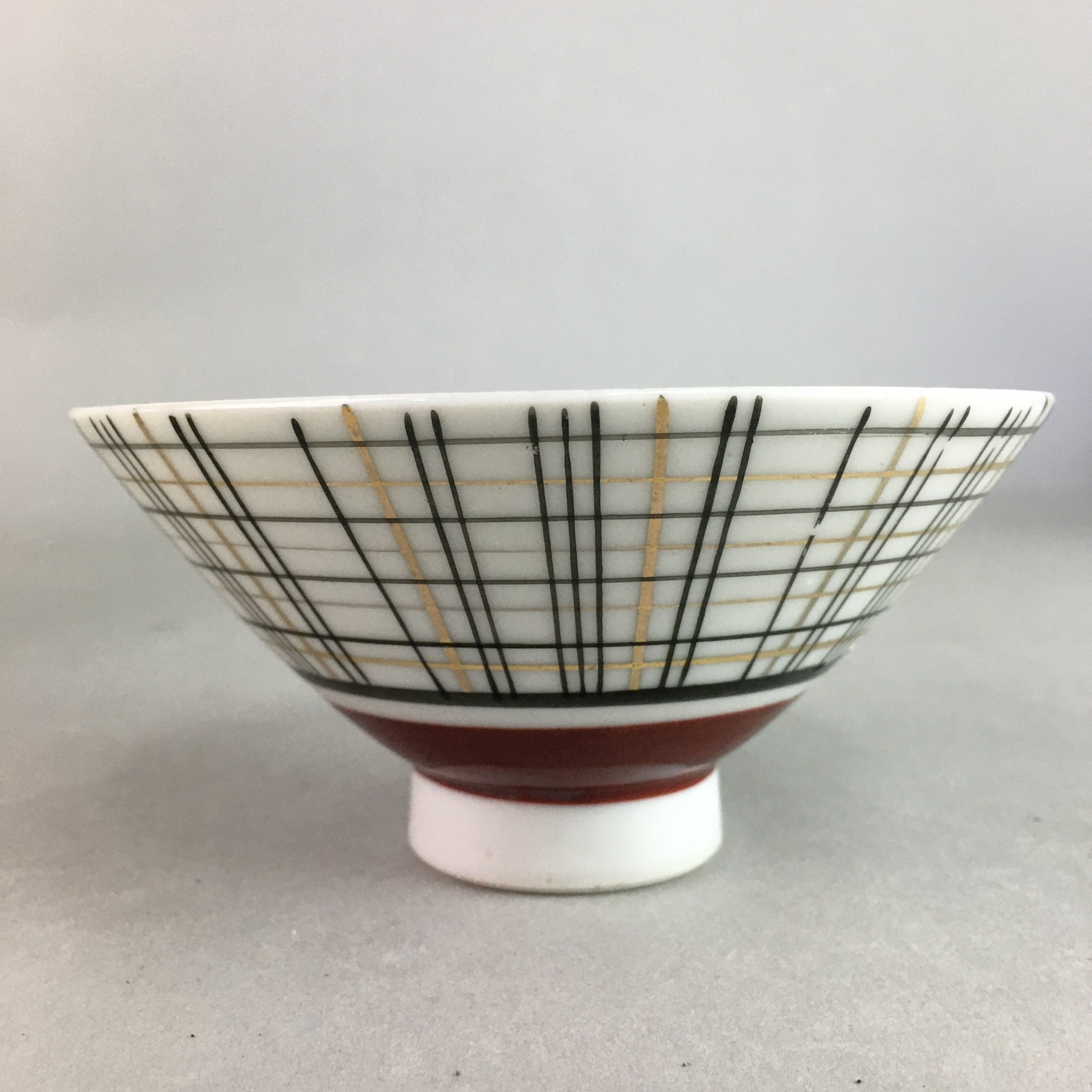 Japanese Porcelain Rice Bowl Vtg Chawan Plaid Black Gold Red PP267