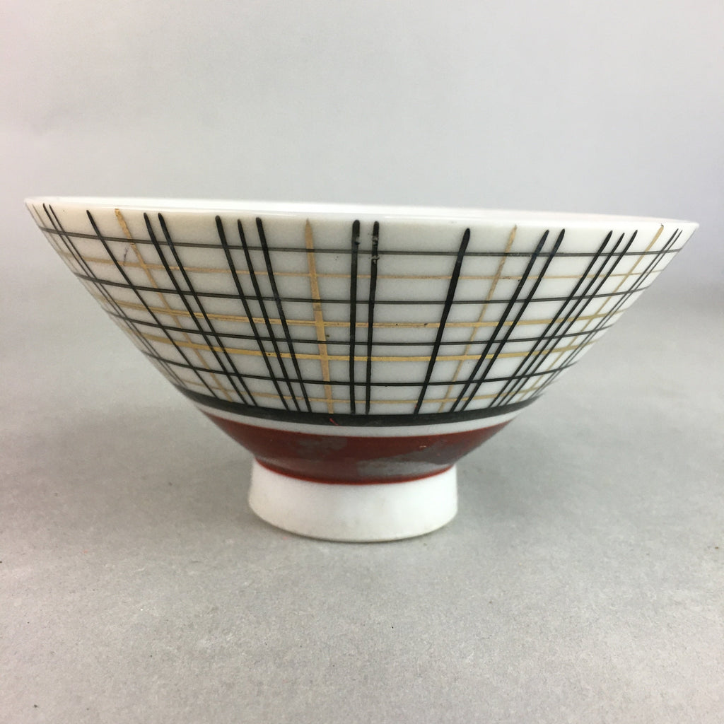 Japanese Porcelain Rice Bowl Vtg Chawan Plaid Black Gold Red PP268