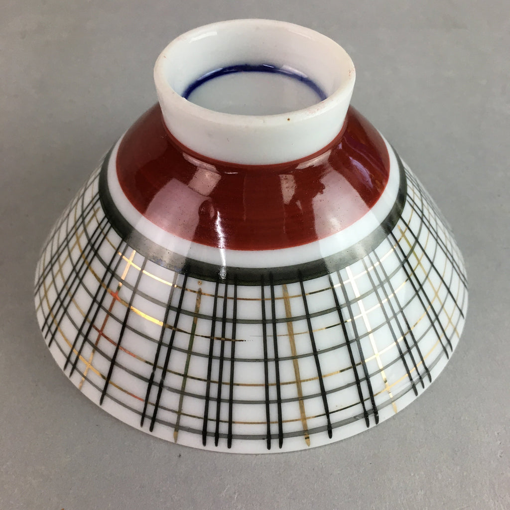 Japanese Porcelain Rice Bowl Vtg Chawan Plaid Black Gold Red PP269