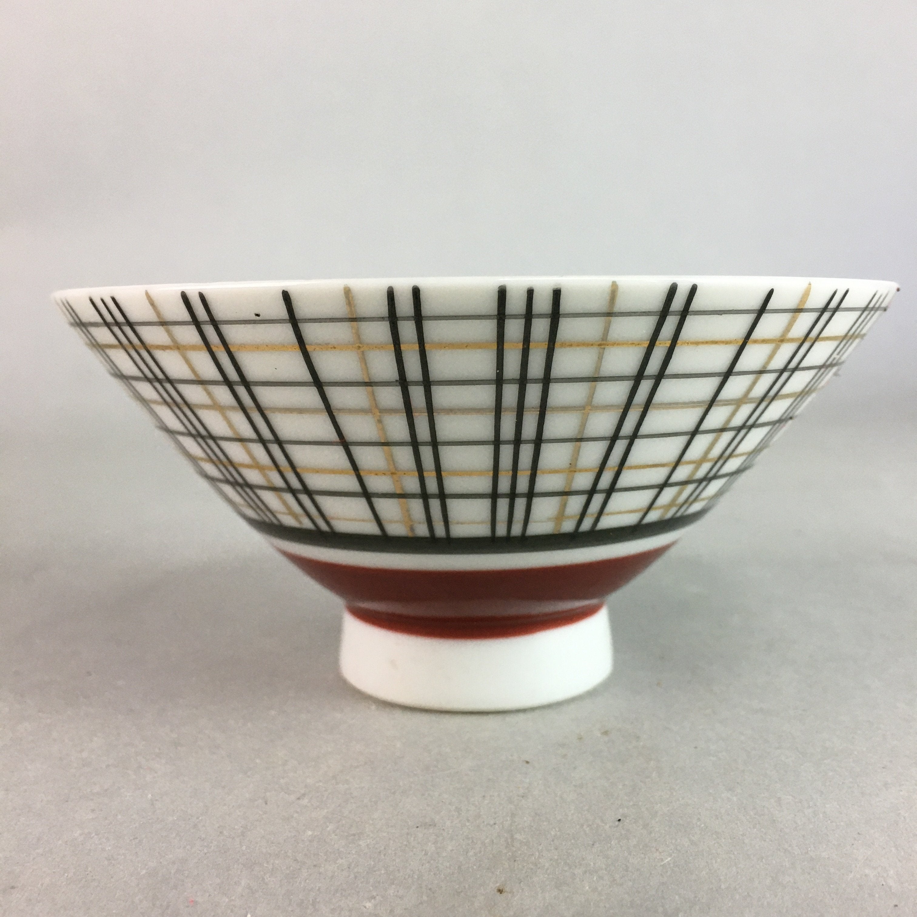 Japanese Porcelain Rice Bowl Vtg Chawan Plaid Black Gold Red PP269