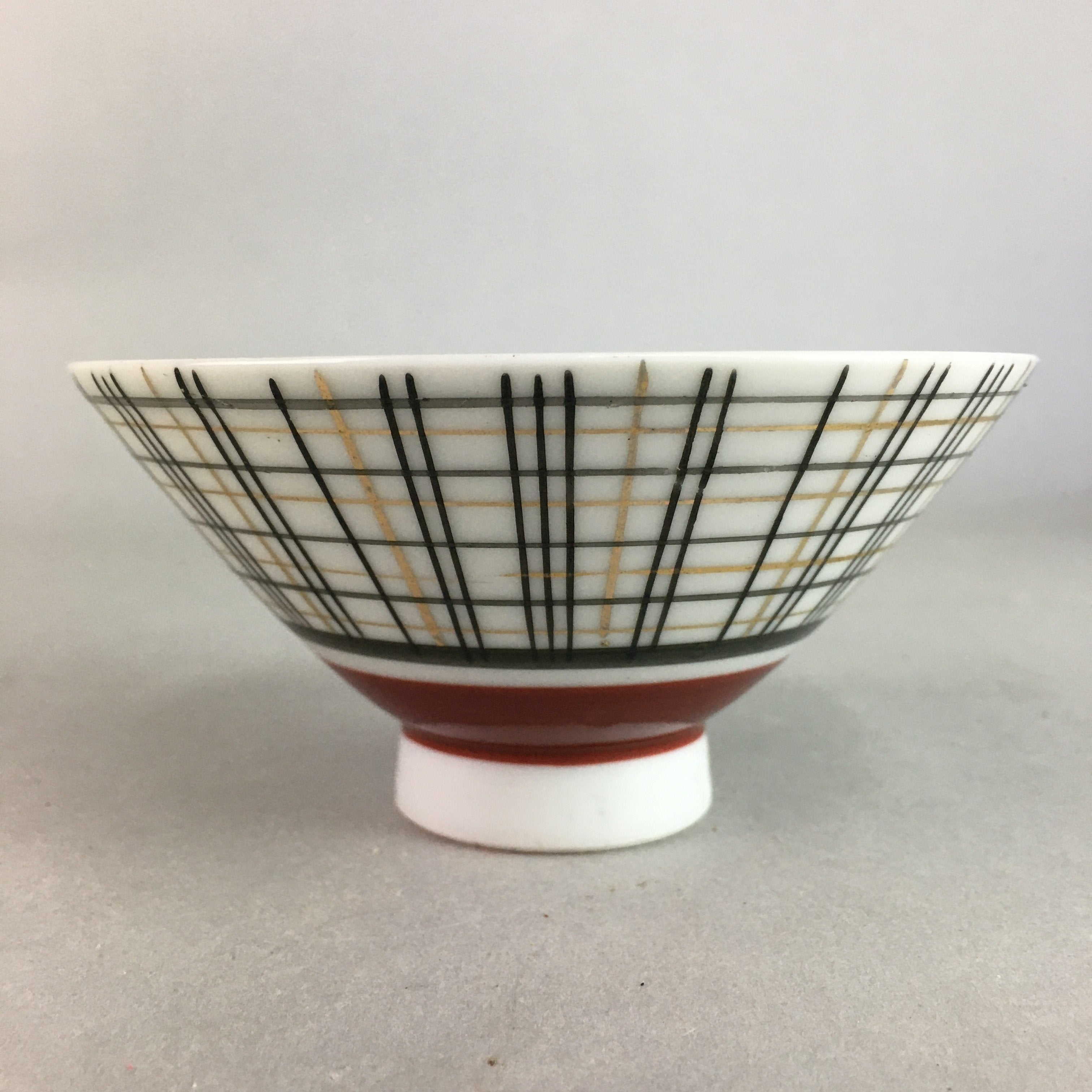 Japanese Porcelain Rice Bowl Vtg Chawan Plaid Black Gold Red PP269