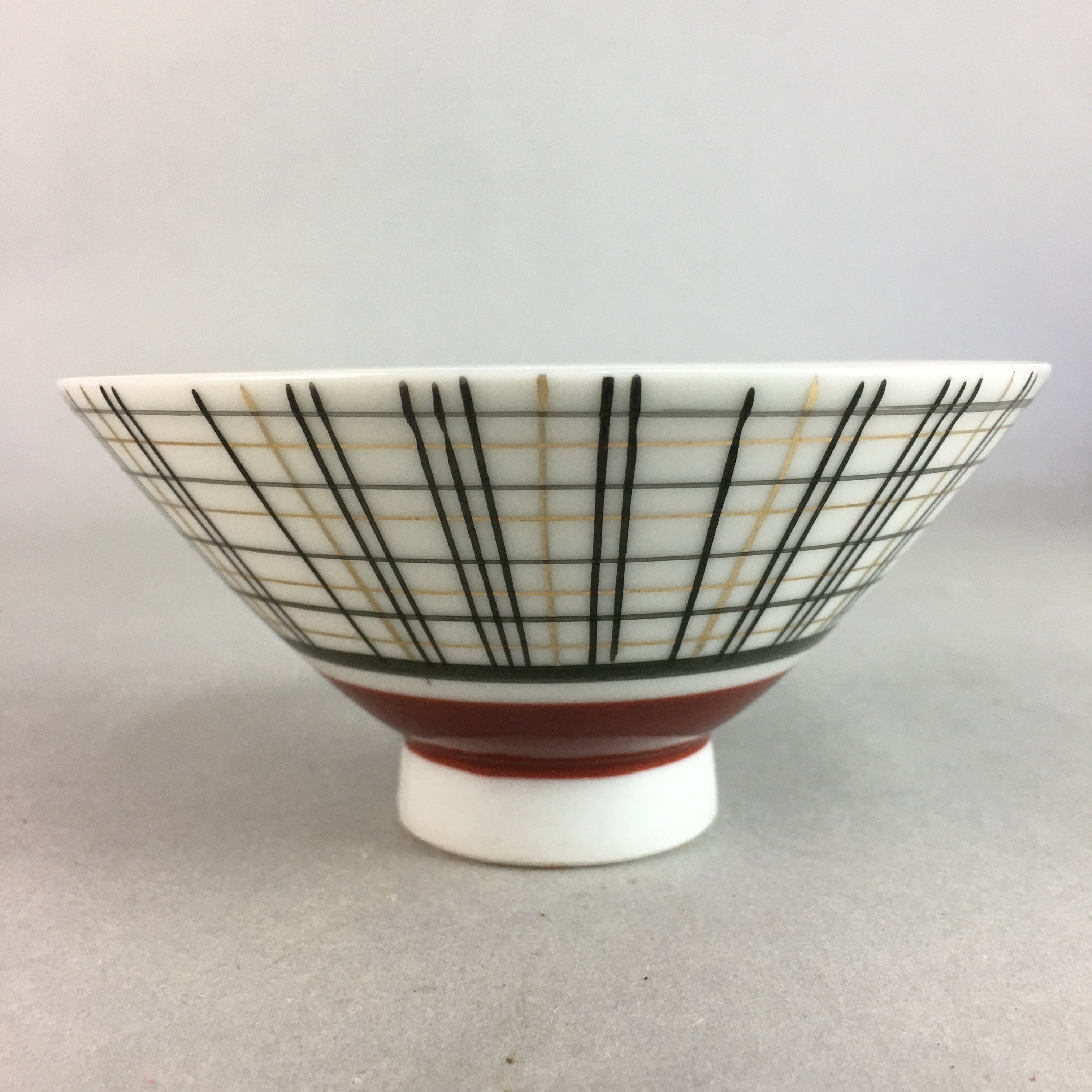 Japanese Porcelain Rice Bowl Vtg Chawan Plaid Black Gold Red PP269