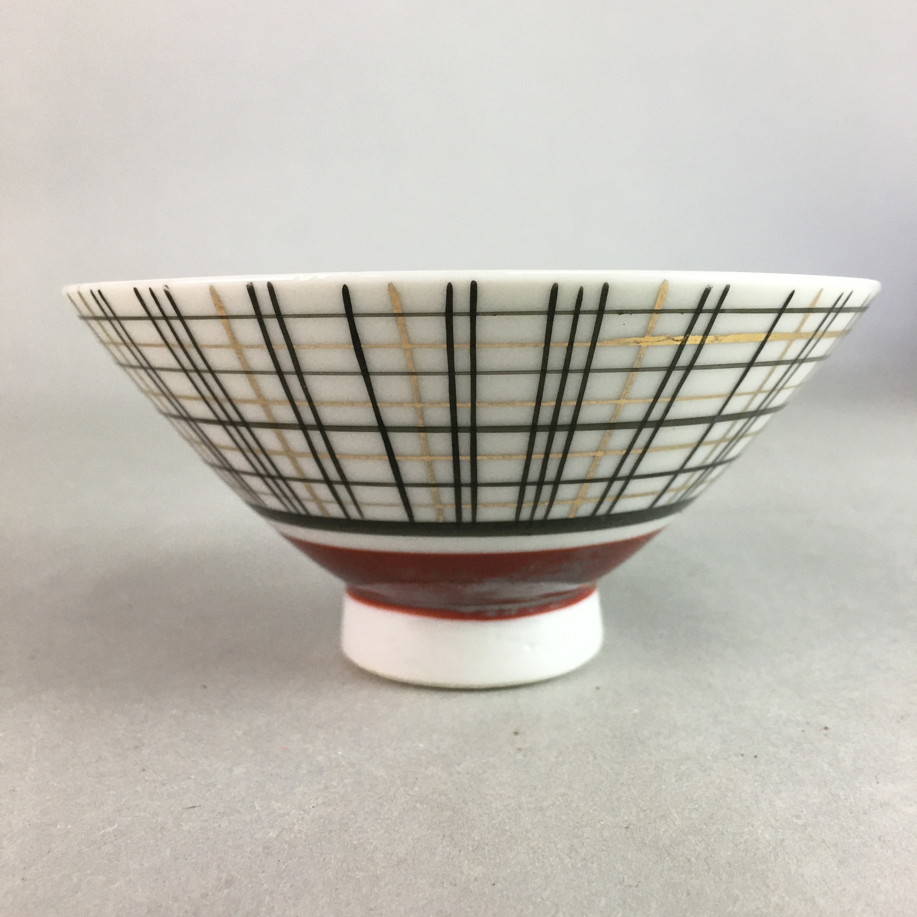 Japanese Porcelain Rice Bowl Vtg Chawan Plaid Black Gold Red PP270