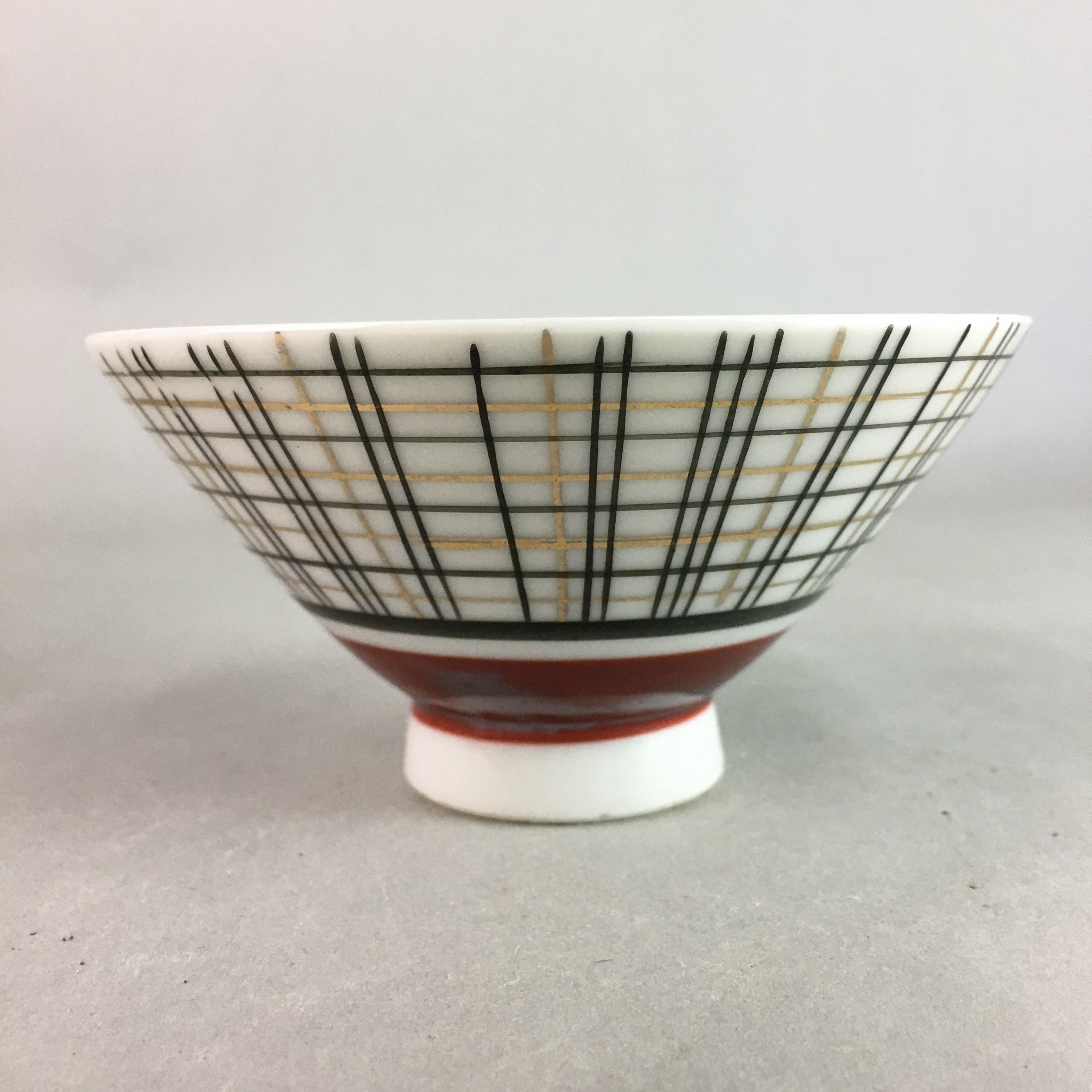 Japanese Porcelain Rice Bowl Vtg Chawan Plaid Black Gold Red PP270