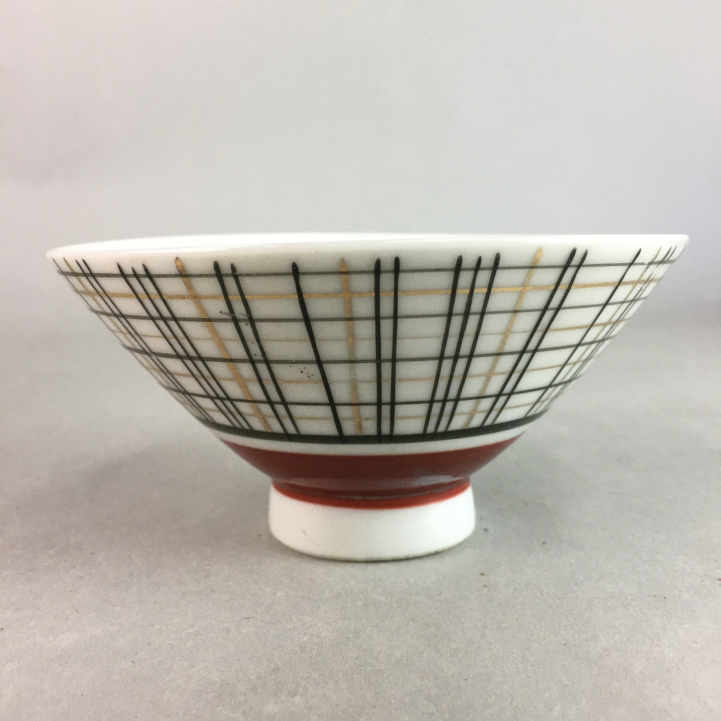 Japanese Porcelain Rice Bowl Vtg Chawan Plaid Black Gold Red PP270