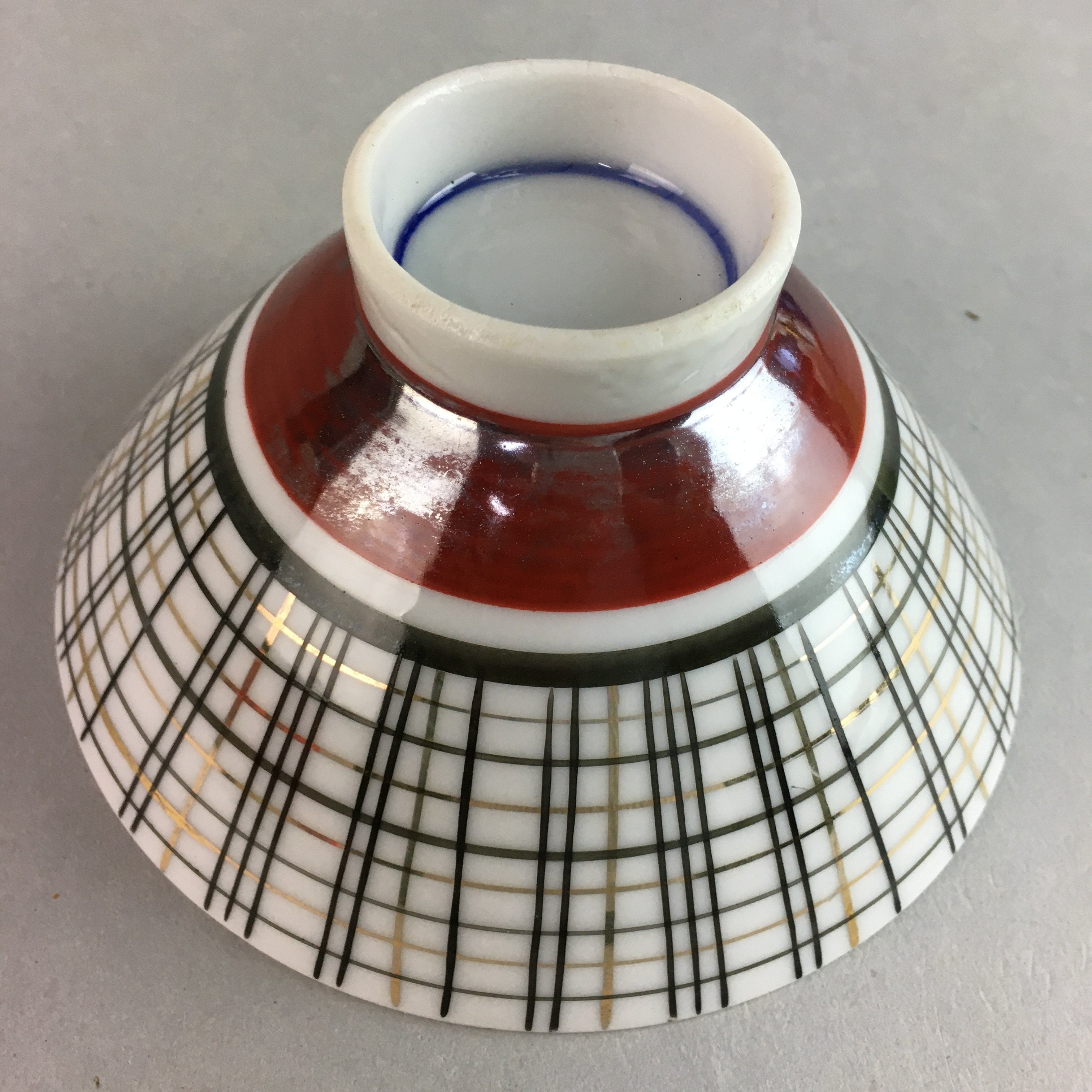 Japanese Porcelain Rice Bowl Vtg Chawan Plaid Black Gold Red PP270