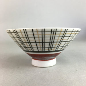 Japanese Porcelain Rice Bowl Vtg Chawan Plaid Black Gold Red PP270