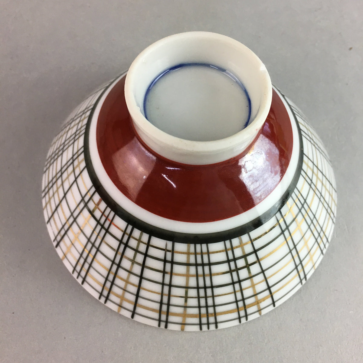 Japanese Porcelain Rice Bowl Vtg Chawan Plaid Black Gold Red PP271