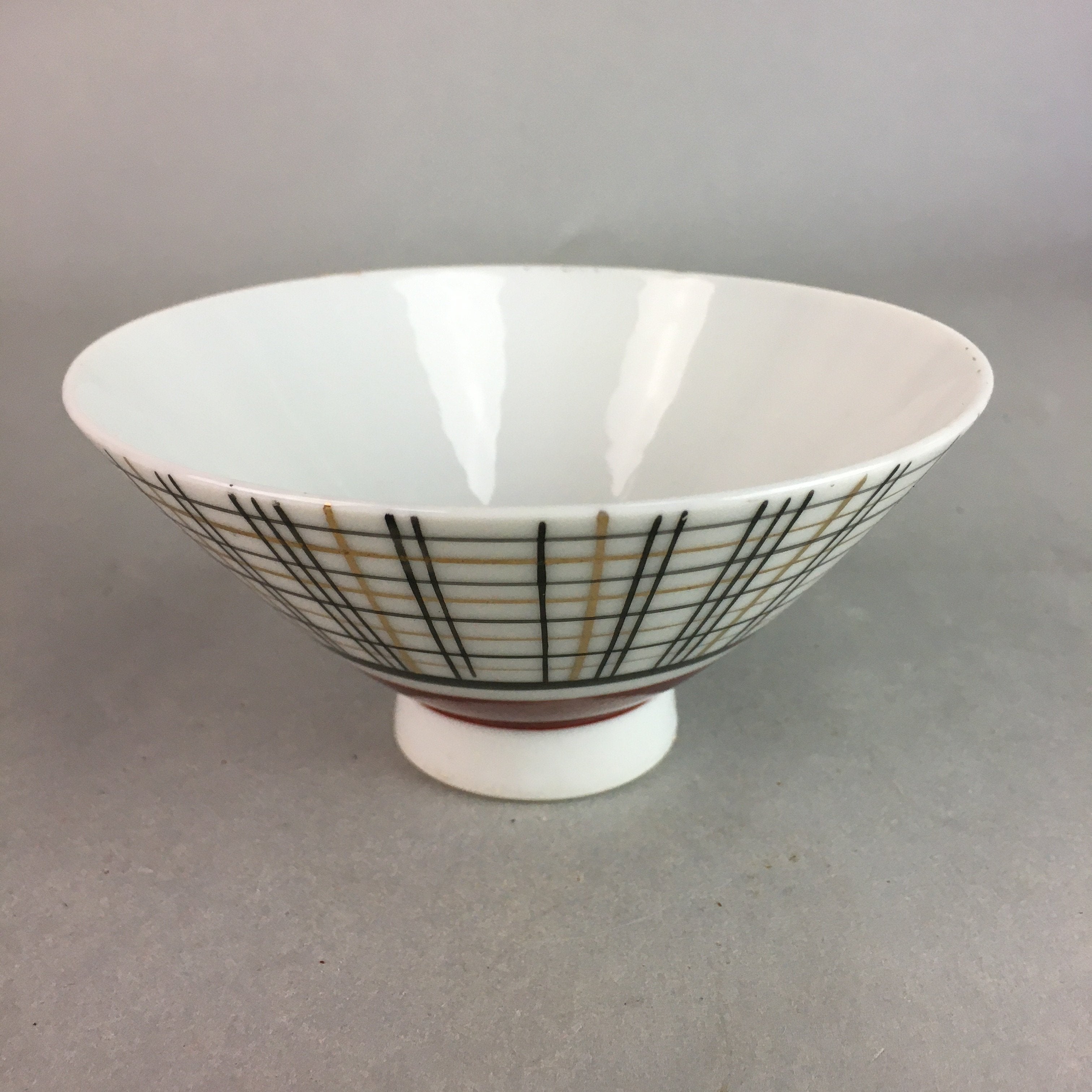 Japanese Porcelain Rice Bowl Vtg Chawan Plaid Black Gold Red PP271