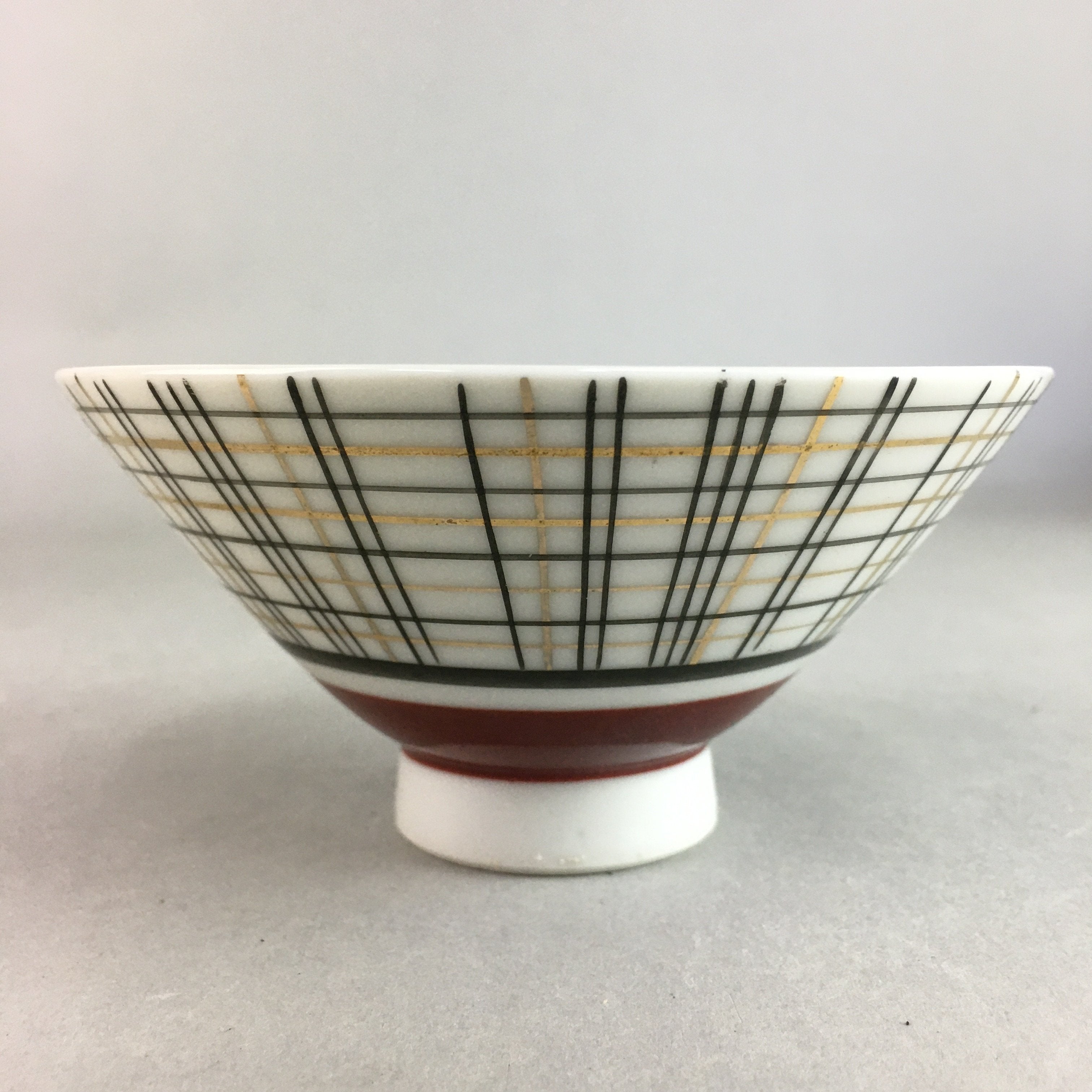 Japanese Porcelain Rice Bowl Vtg Chawan Plaid Black Gold Red PP271