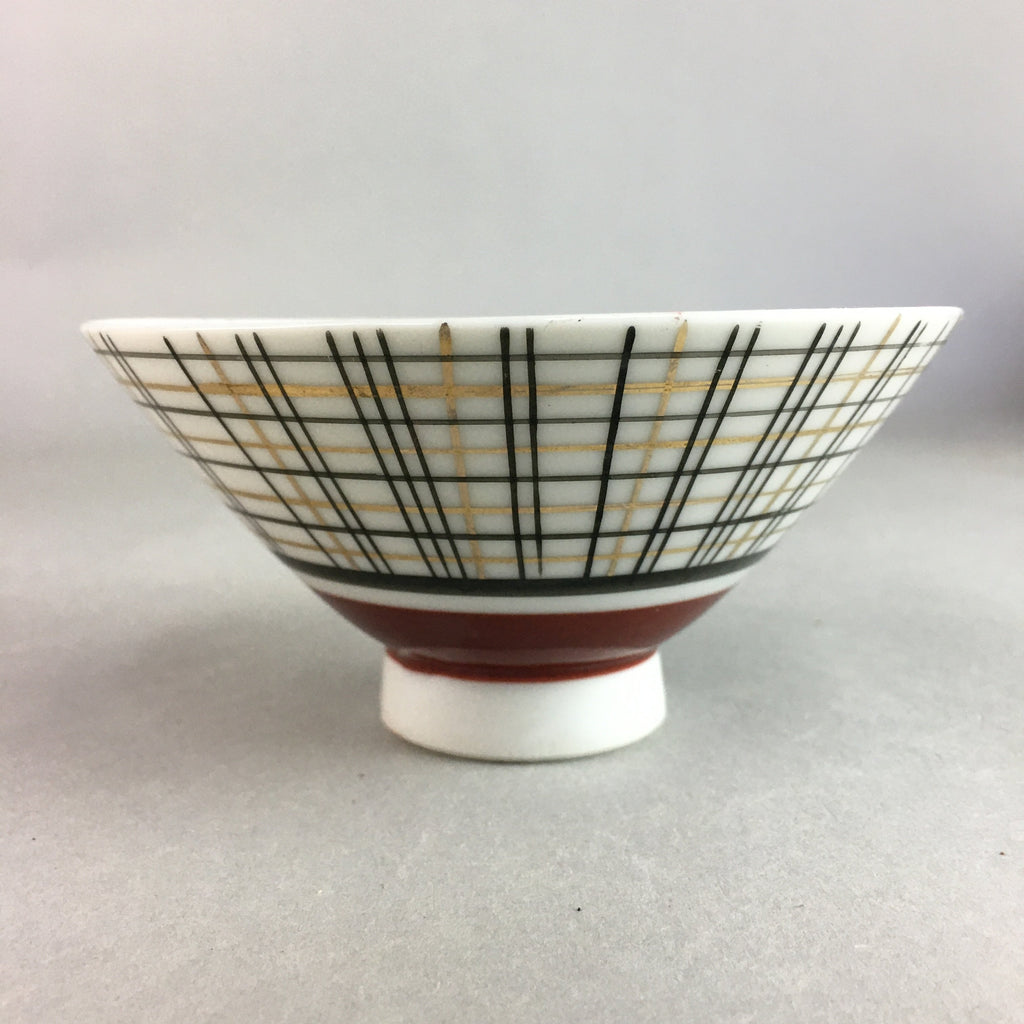 Japanese Porcelain Rice Bowl Vtg Chawan Plaid Black Gold Red PP271