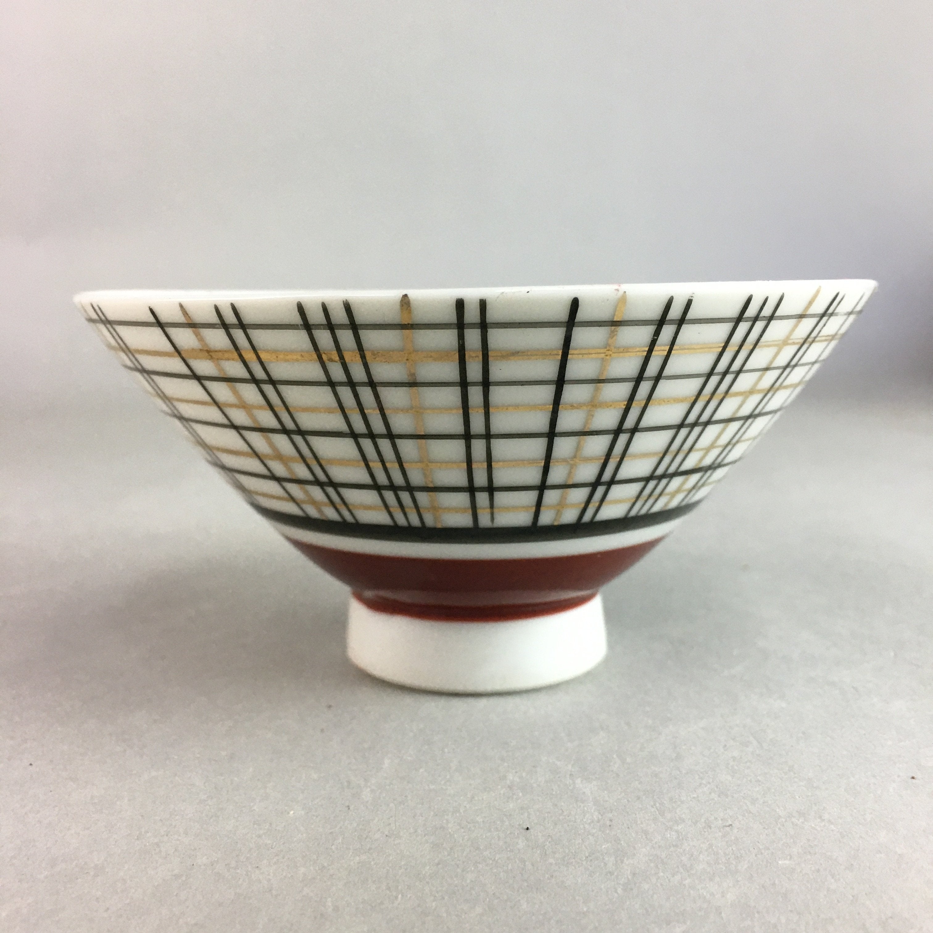 Japanese Porcelain Rice Bowl Vtg Chawan Plaid Black Gold Red PP271
