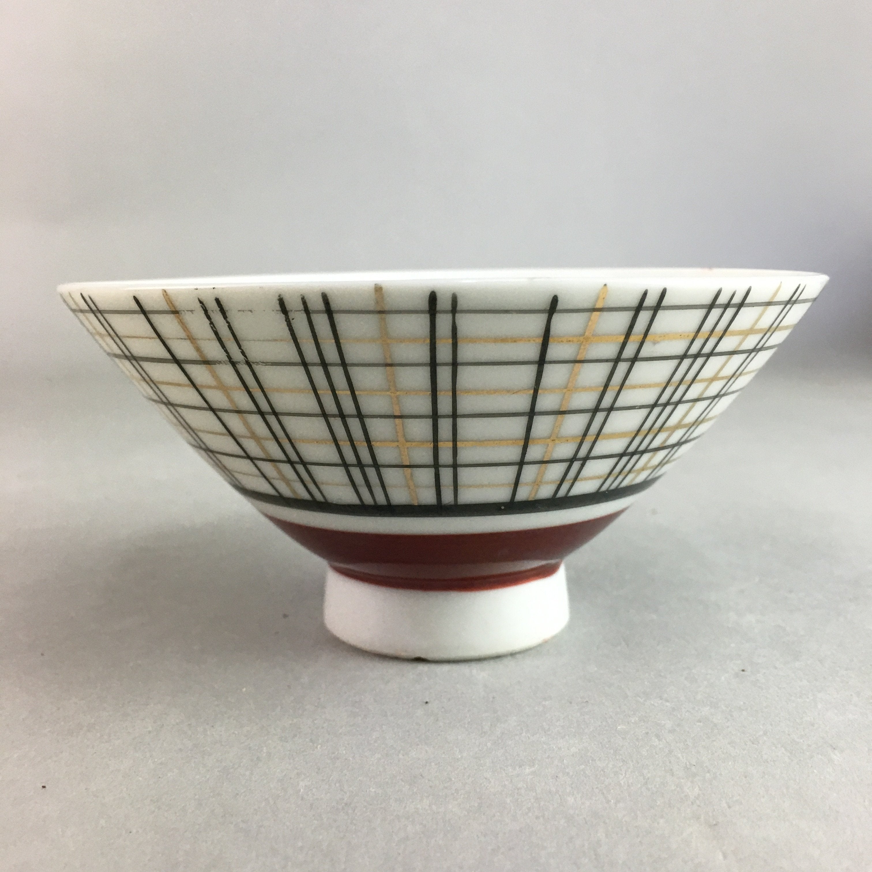 Japanese Porcelain Rice Bowl Vtg Chawan Plaid Black Gold Red PP271