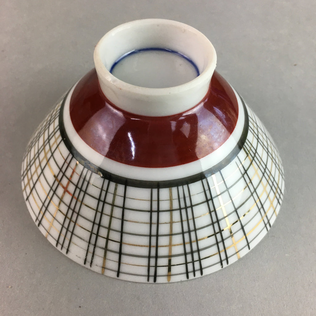 Japanese Porcelain Rice Bowl Vtg Chawan Plaid Black Gold Red PP271