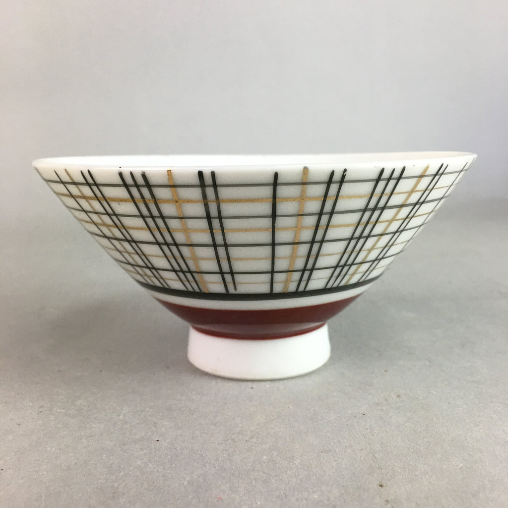 Japanese Porcelain Rice Bowl Vtg Chawan Plaid Black Gold Red PP271