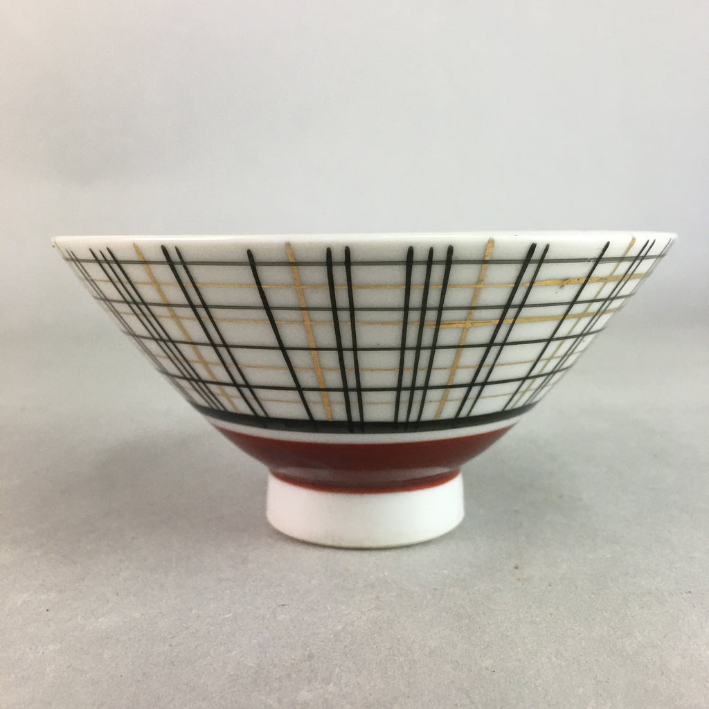 Japanese Porcelain Rice Bowl Vtg Chawan Plaid Black Gold Red PP272