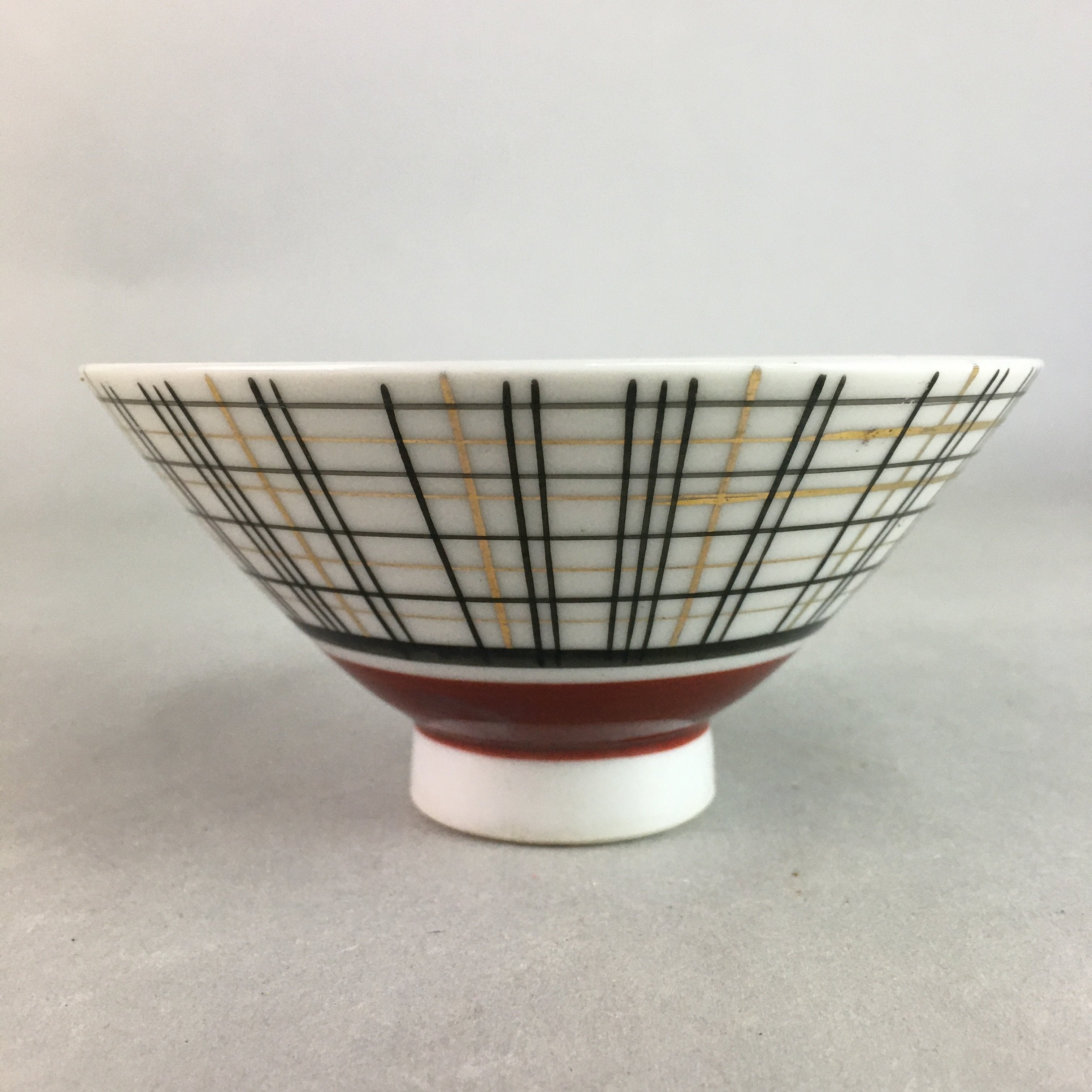 Japanese Porcelain Rice Bowl Vtg Chawan Plaid Black Gold Red PP272