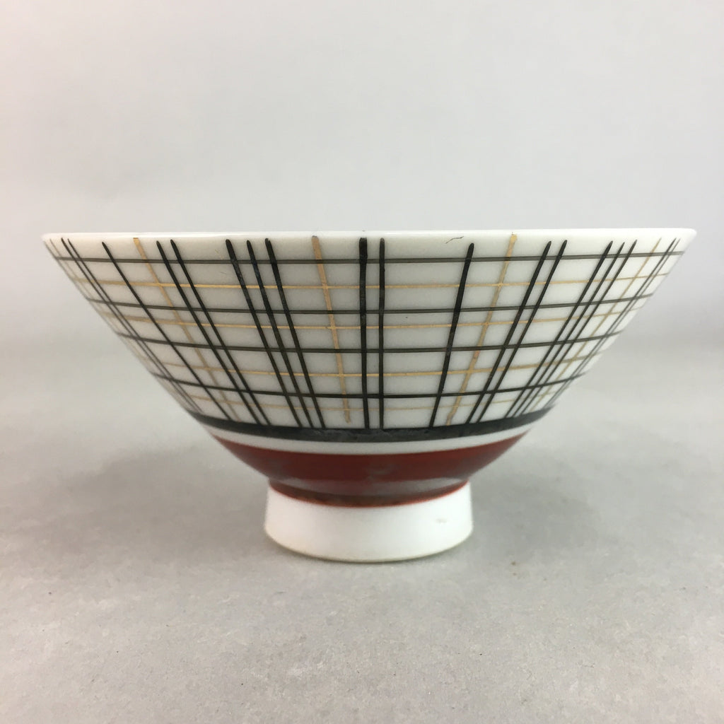 Japanese Porcelain Rice Bowl Vtg Chawan Plaid Black Gold Red PP272