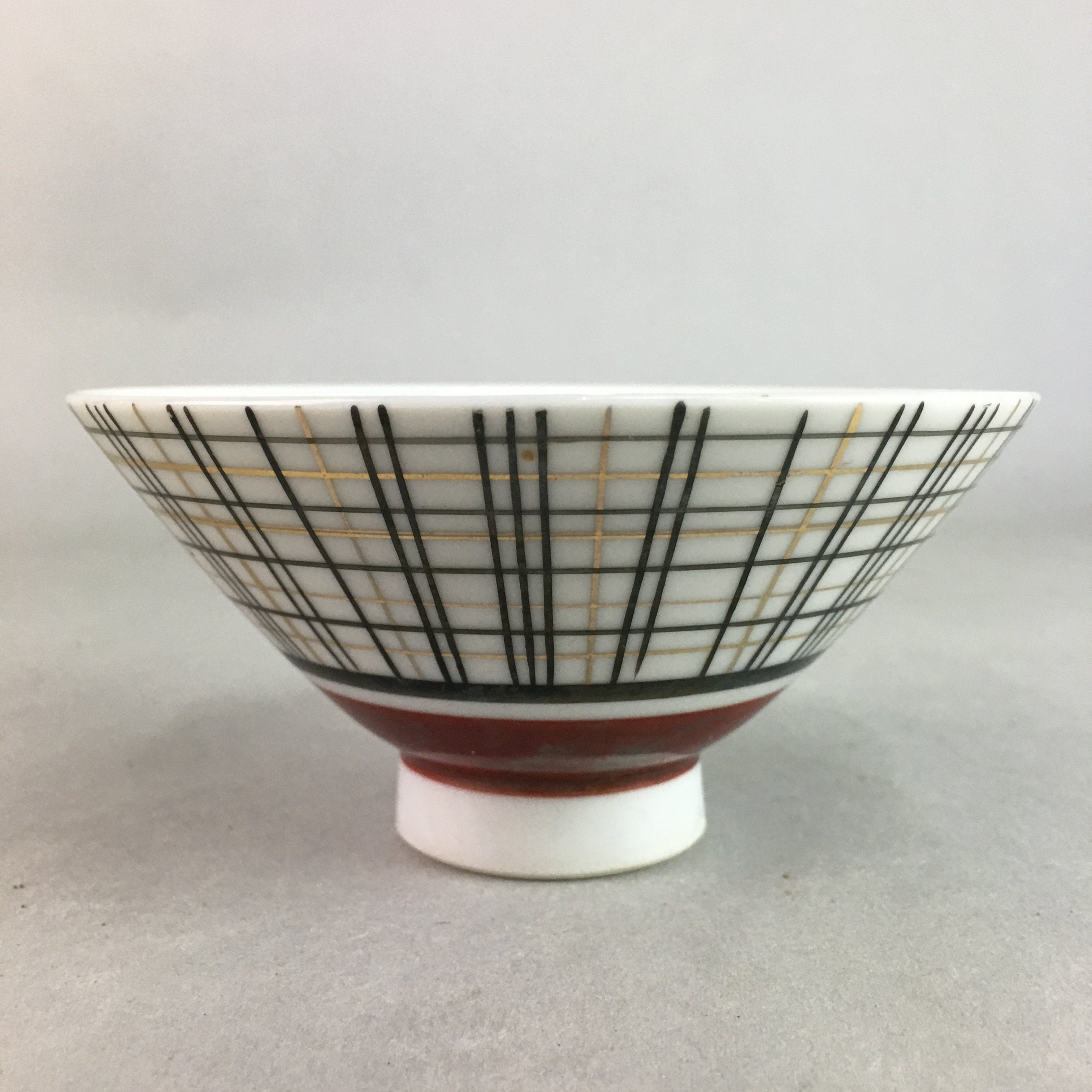 Japanese Porcelain Rice Bowl Vtg Chawan Plaid Black Gold Red PP272