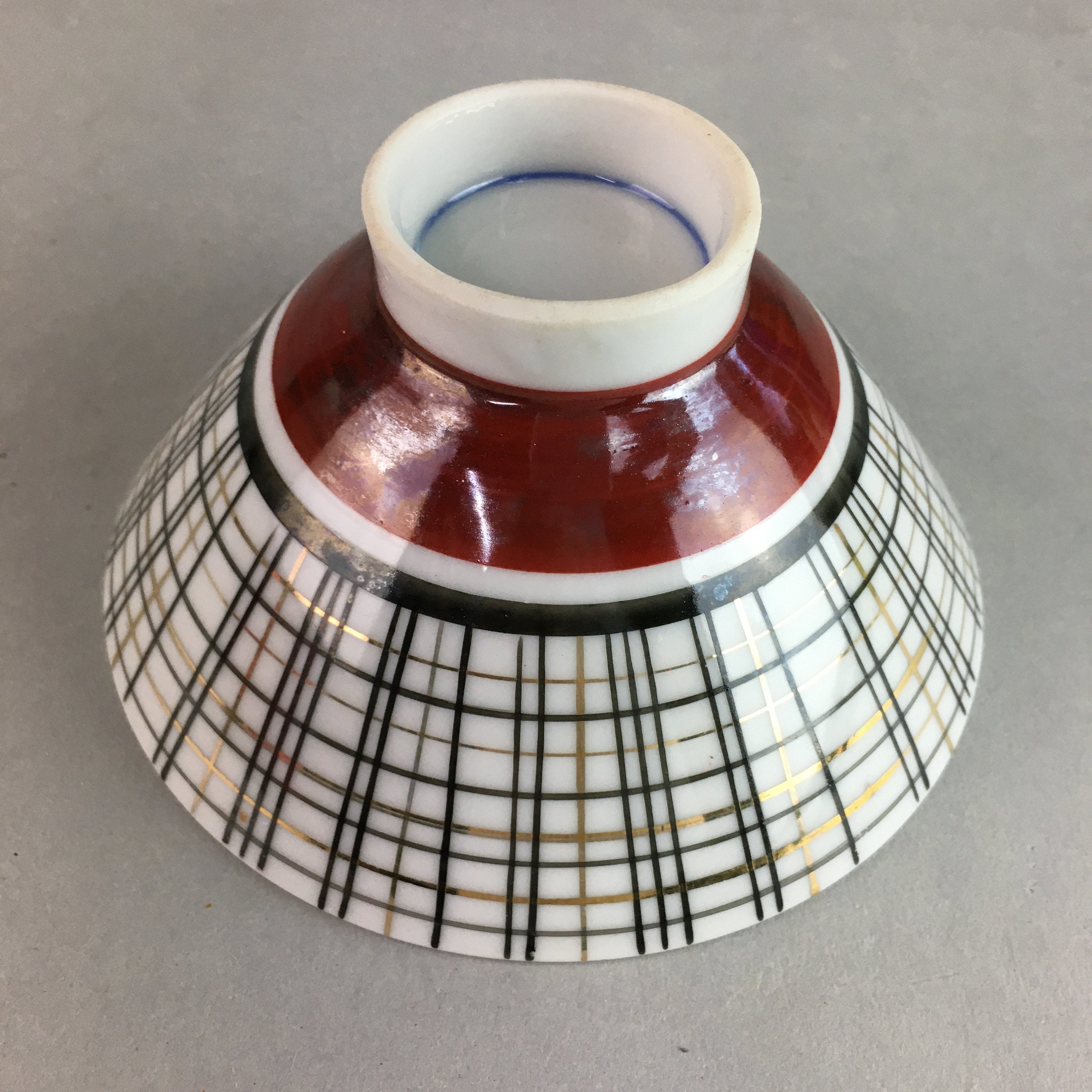 Japanese Porcelain Rice Bowl Vtg Chawan Plaid Black Gold Red PP272