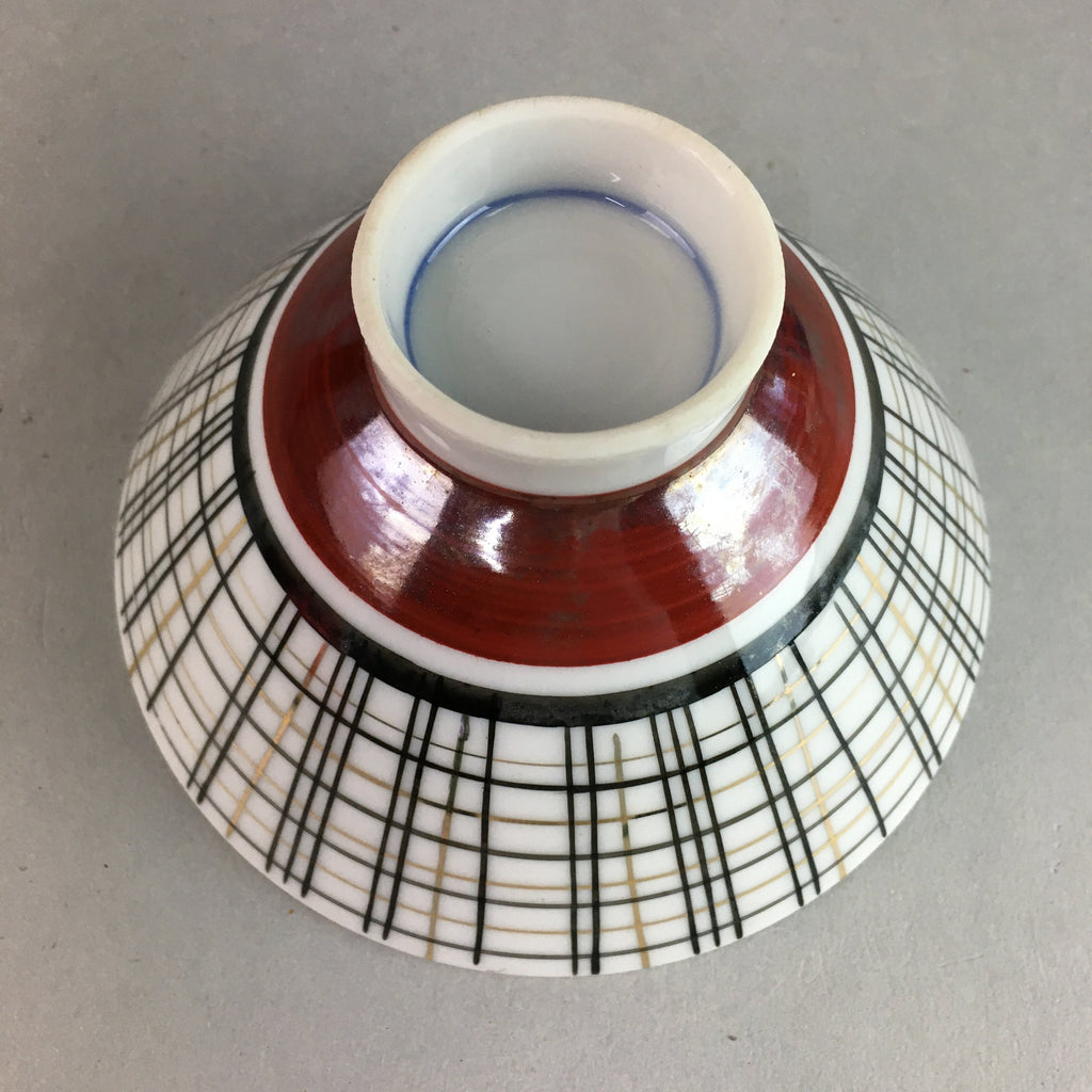 Japanese Porcelain Rice Bowl Vtg Chawan Plaid Black Gold Red PP272