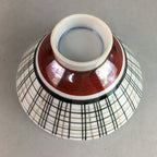 Japanese Porcelain Rice Bowl Vtg Chawan Plaid Black Gold Red PP272