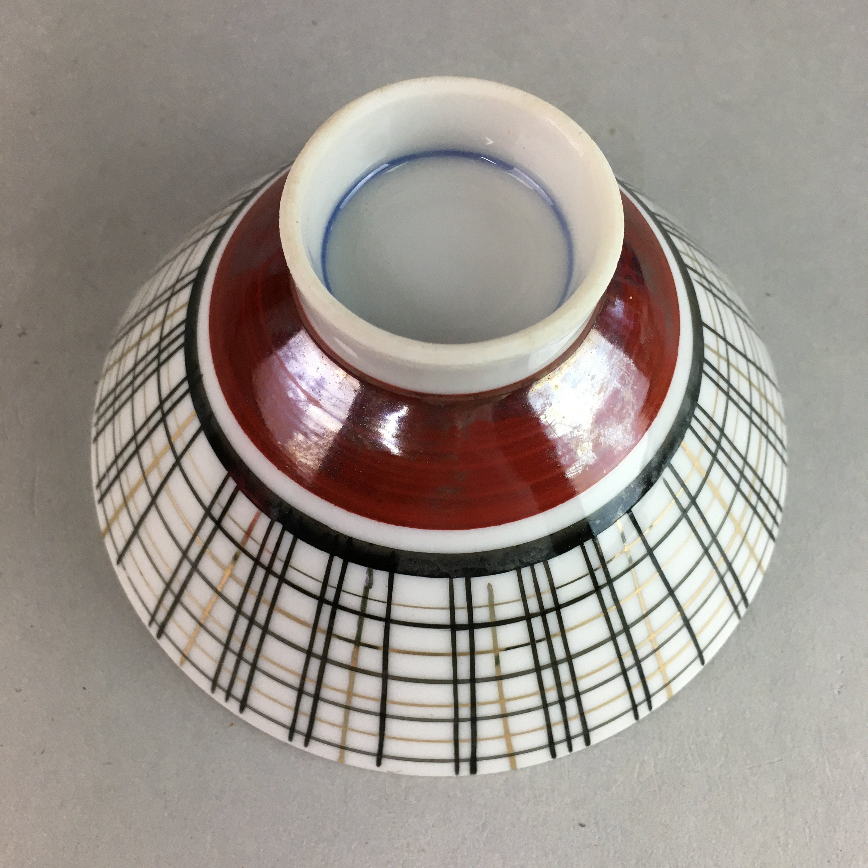 Japanese Porcelain Rice Bowl Vtg Chawan Plaid Black Gold Red PP272