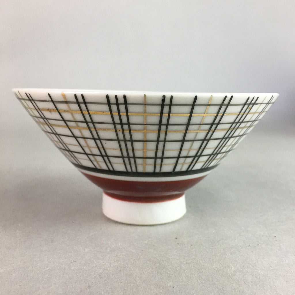 Japanese Porcelain Rice Bowl Vtg Chawan Plaid Black Gold Red PP272