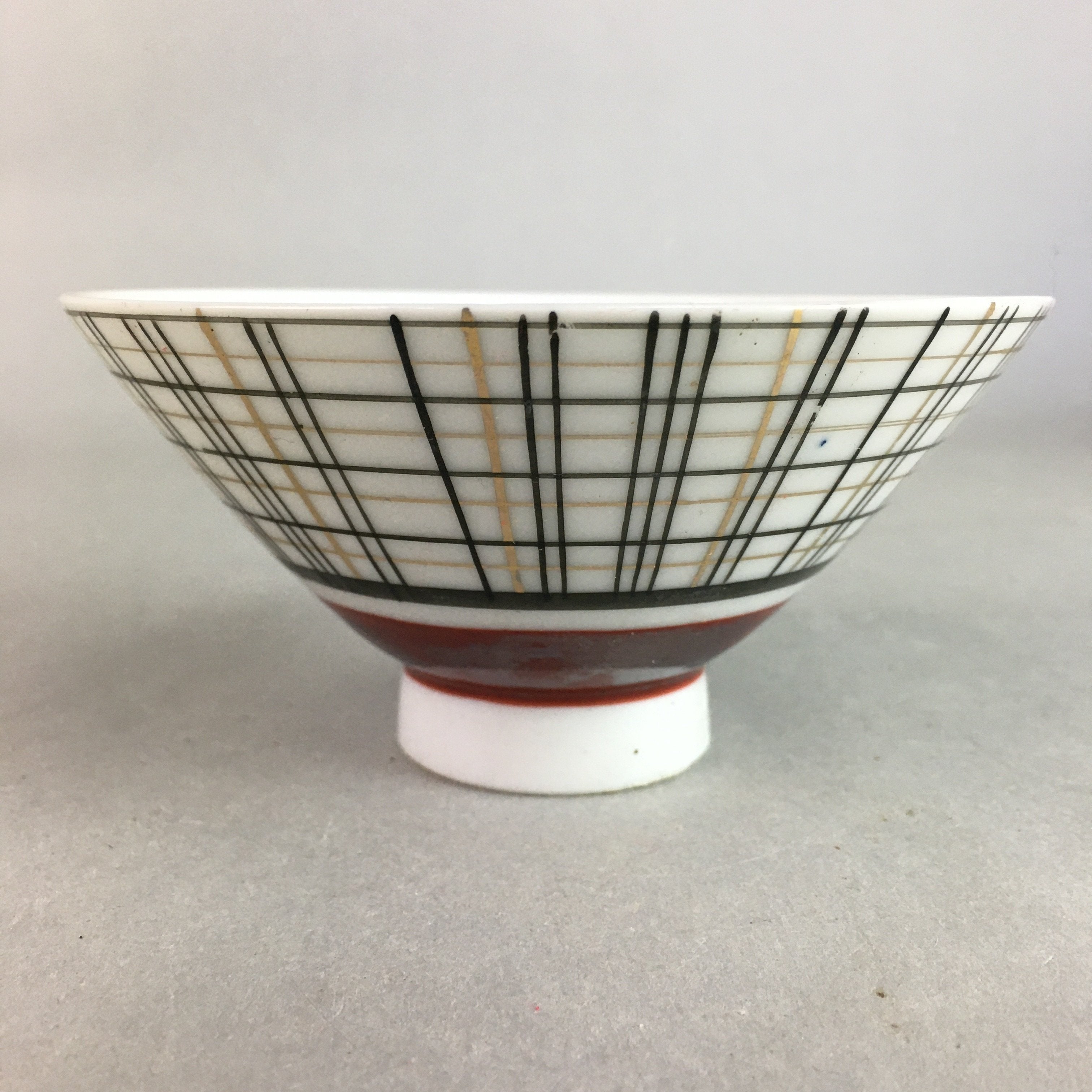 Japanese Porcelain Rice Bowl Vtg Chawan Plaid Black Gold Red PP273