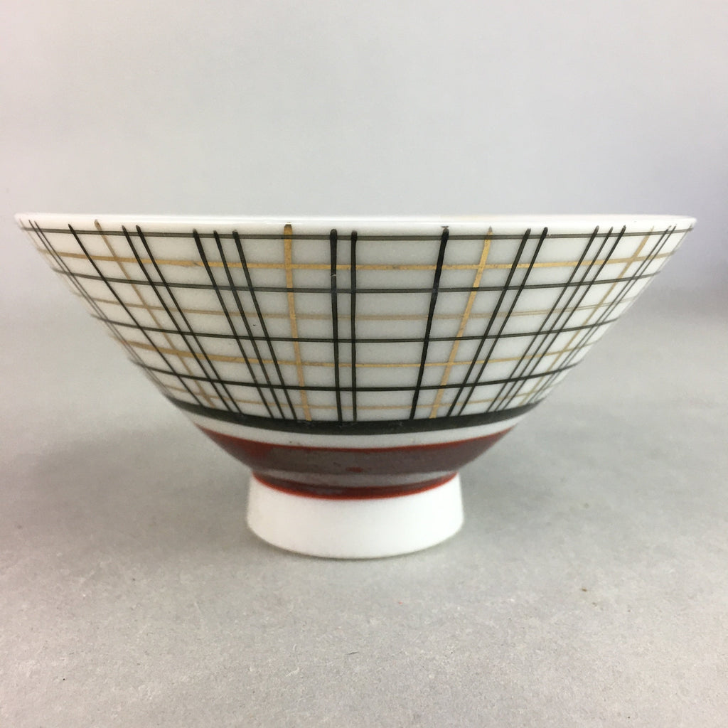 Japanese Porcelain Rice Bowl Vtg Chawan Plaid Black Gold Red PP273