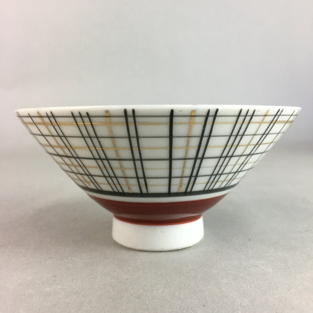 Japanese Porcelain Rice Bowl Vtg Chawan Plaid Black Gold Red PP274