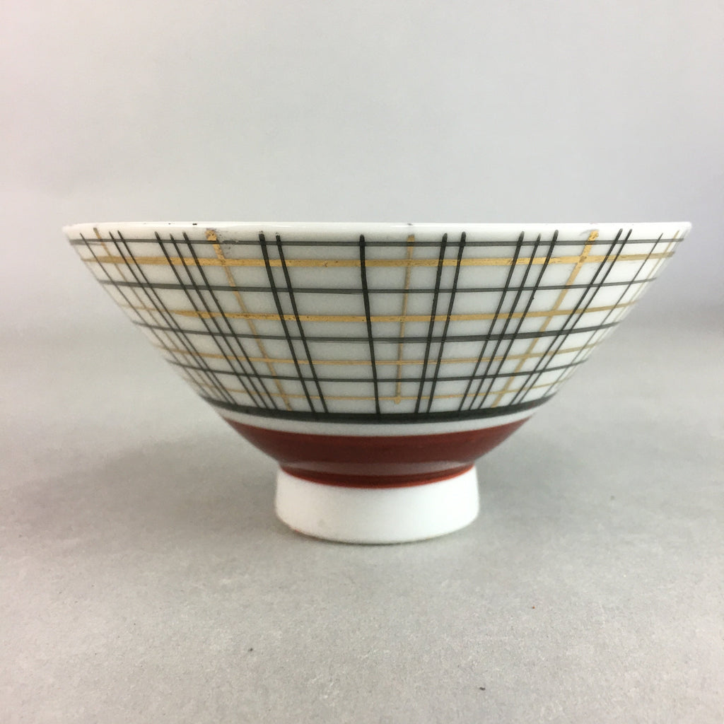 Japanese Porcelain Rice Bowl Vtg Chawan Plaid Black Gold Red PP274