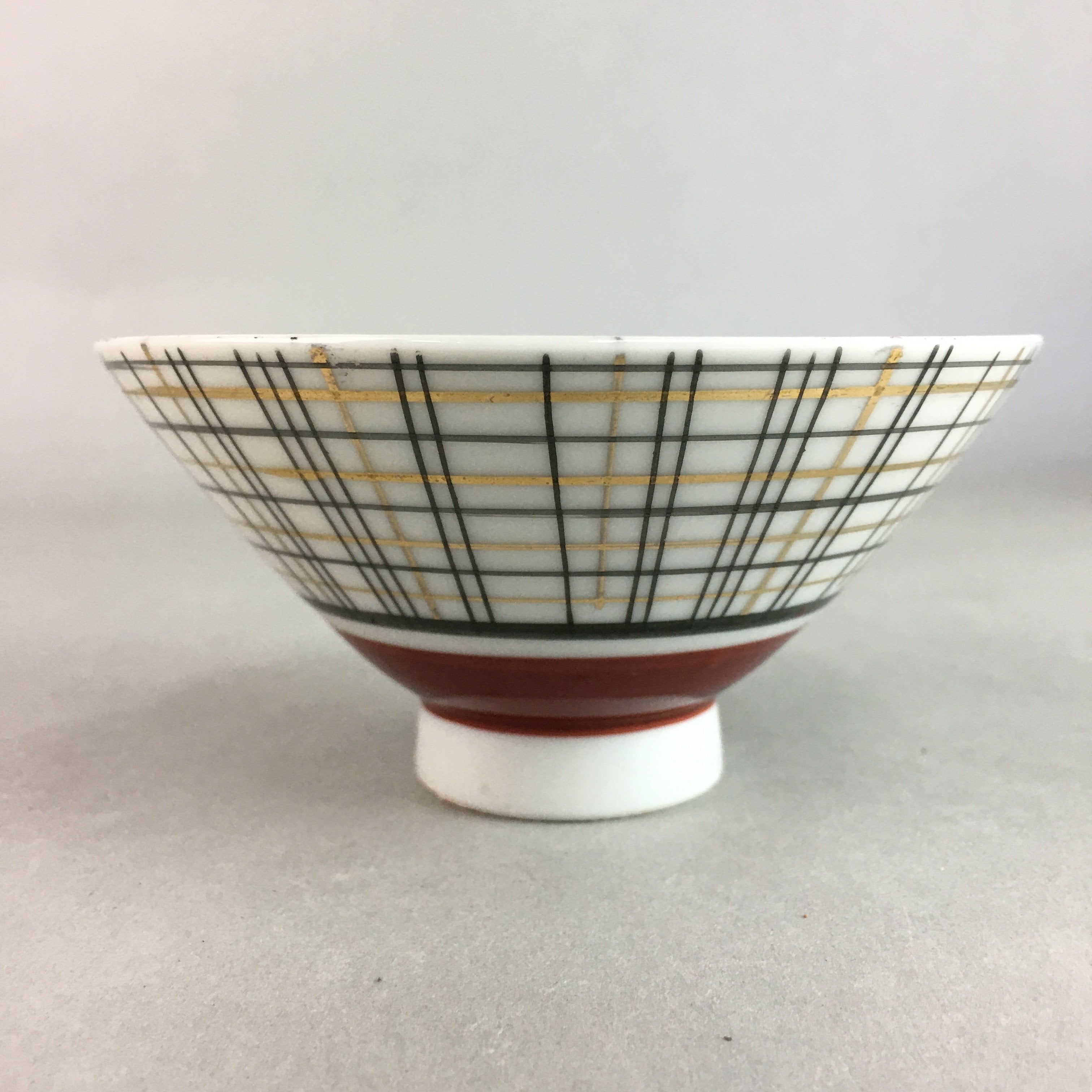 Japanese Porcelain Rice Bowl Vtg Chawan Plaid Black Gold Red PP274