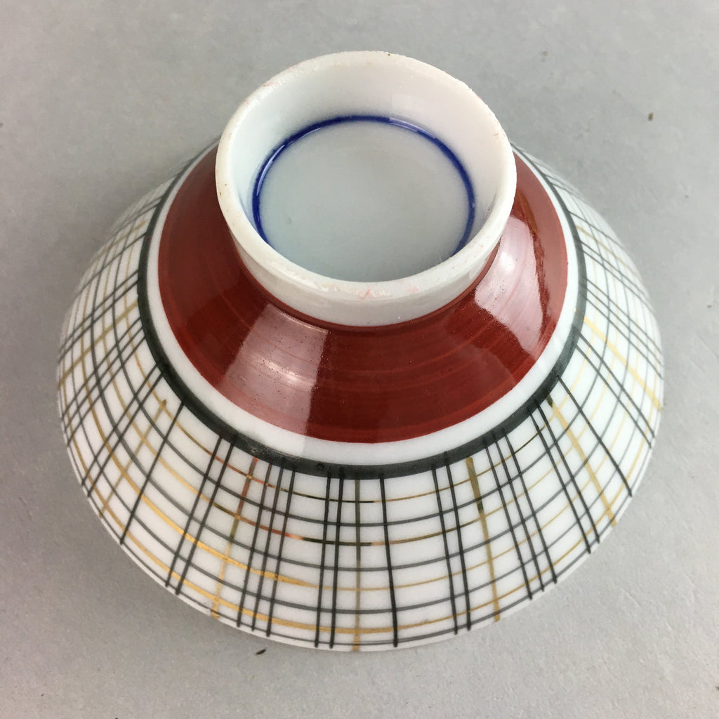 Japanese Porcelain Rice Bowl Vtg Chawan Plaid Black Gold Red PP274