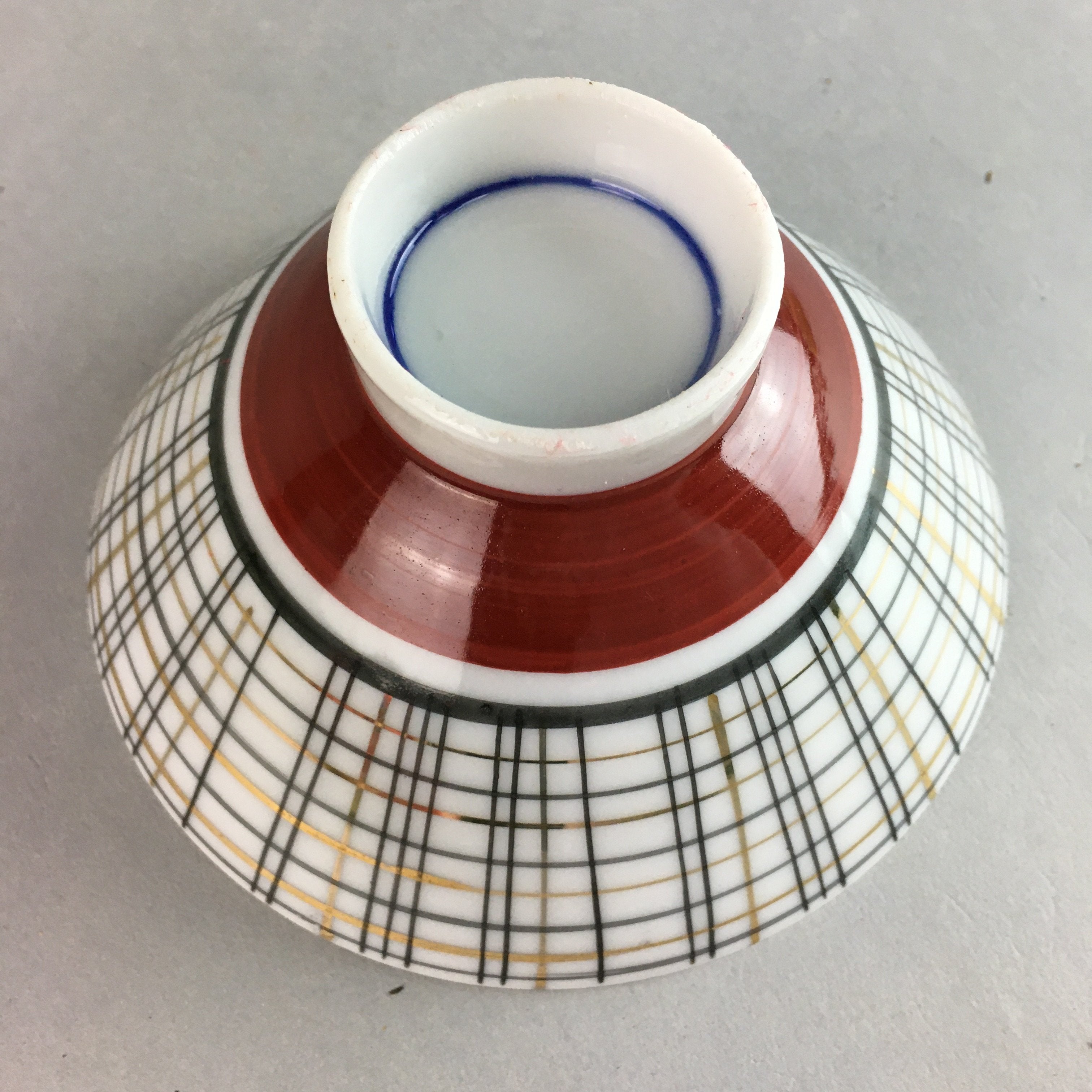 Japanese Porcelain Rice Bowl Vtg Chawan Plaid Black Gold Red PP274