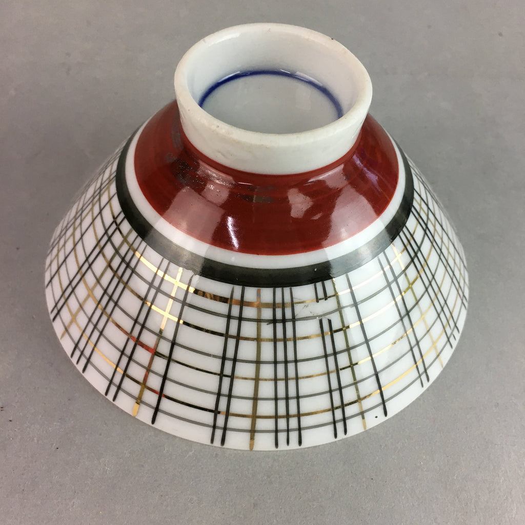 Japanese Porcelain Rice Bowl Vtg Chawan Plaid Black Gold Red PP275