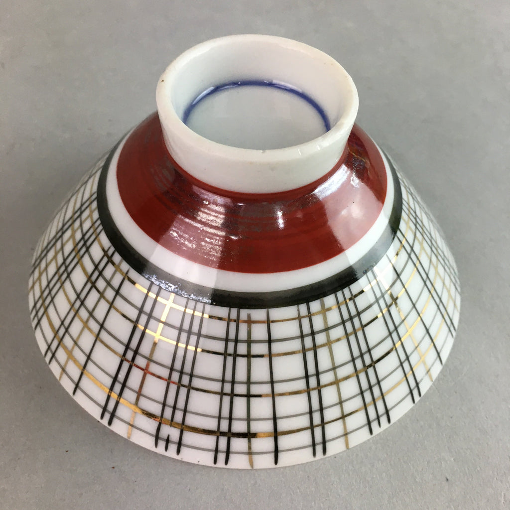 Japanese Porcelain Rice Bowl Vtg Chawan Plaid Black Gold Red PP275