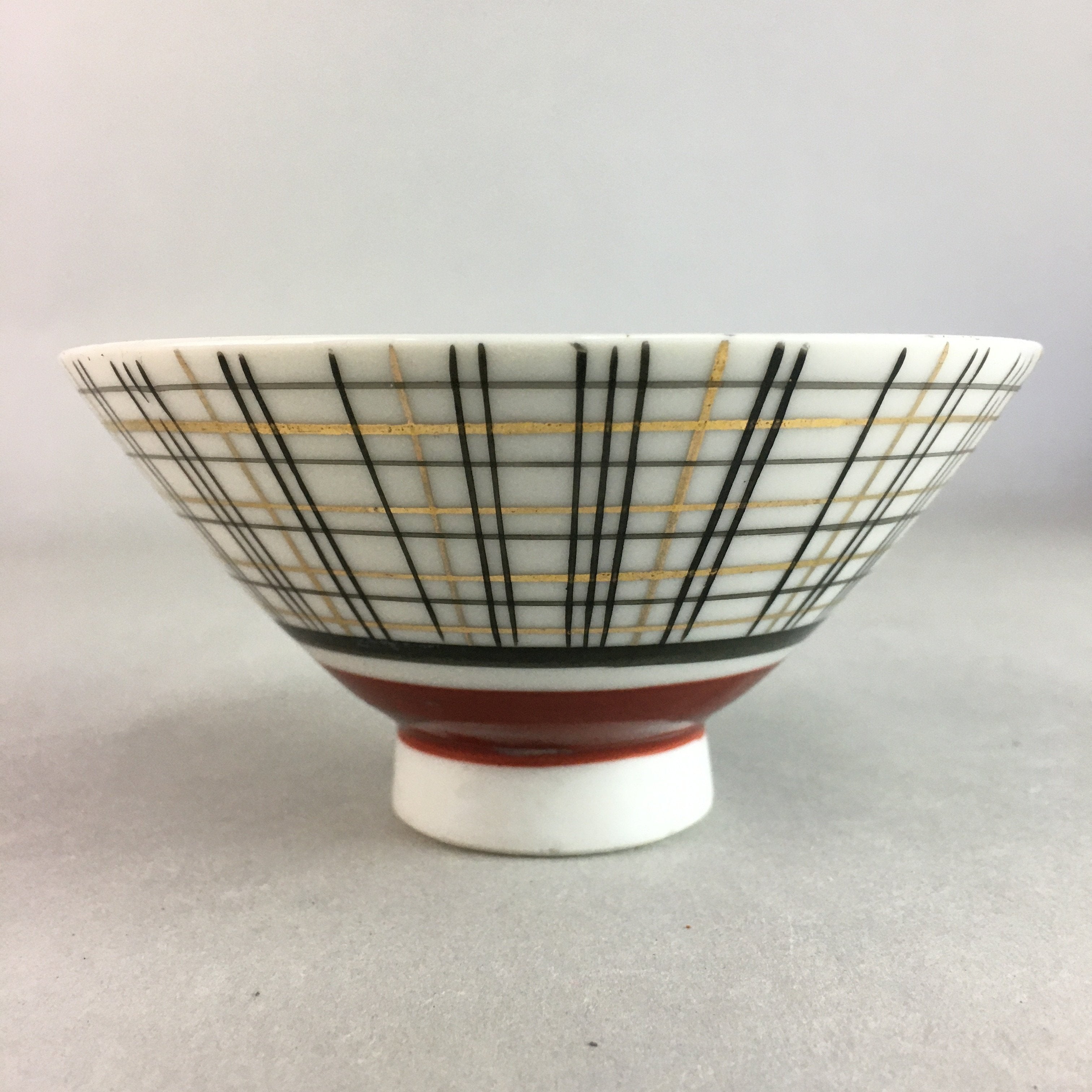Japanese Porcelain Rice Bowl Vtg Chawan Plaid Black Gold Red PP275