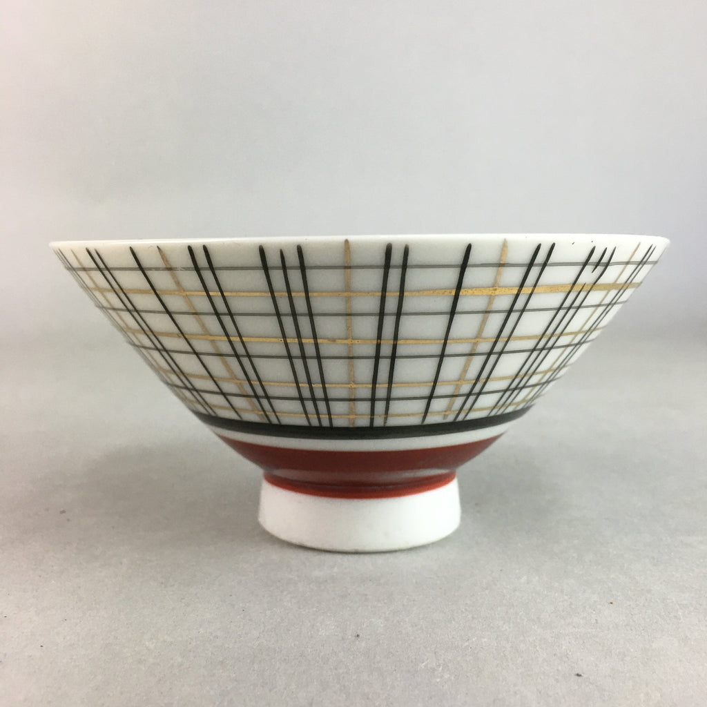 Japanese Porcelain Rice Bowl Vtg Chawan Plaid Black Gold Red PP275