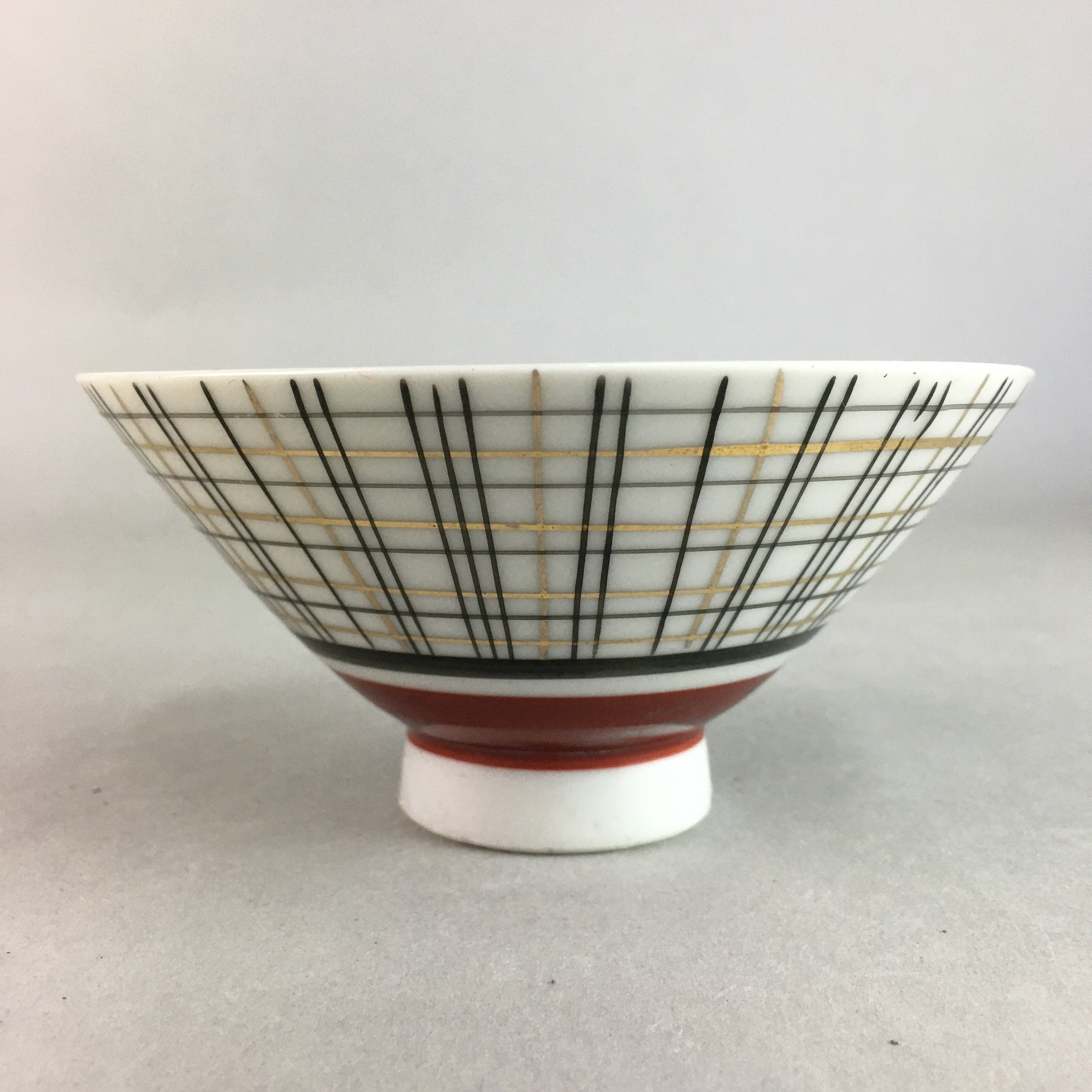 Japanese Porcelain Rice Bowl Vtg Chawan Plaid Black Gold Red PP275