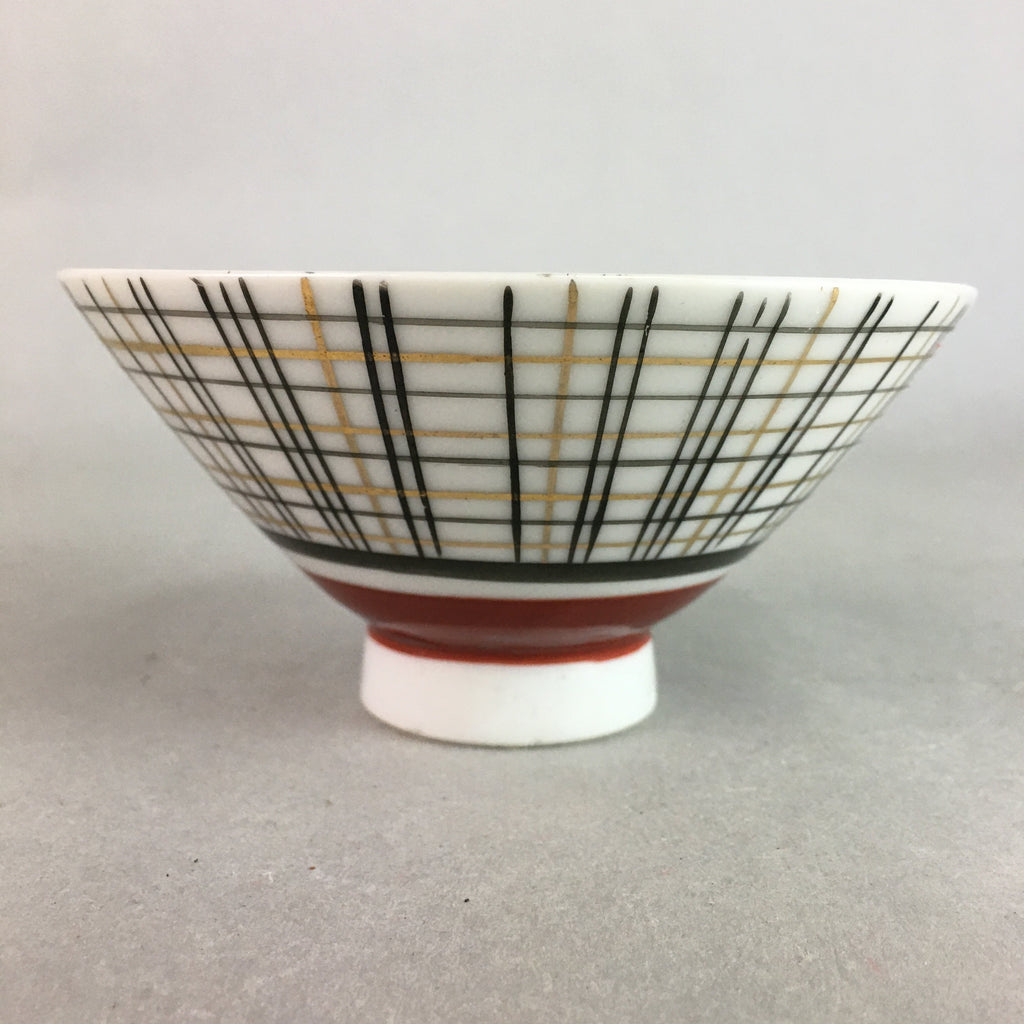 Japanese Porcelain Rice Bowl Vtg Chawan Plaid Black Gold Red PP275