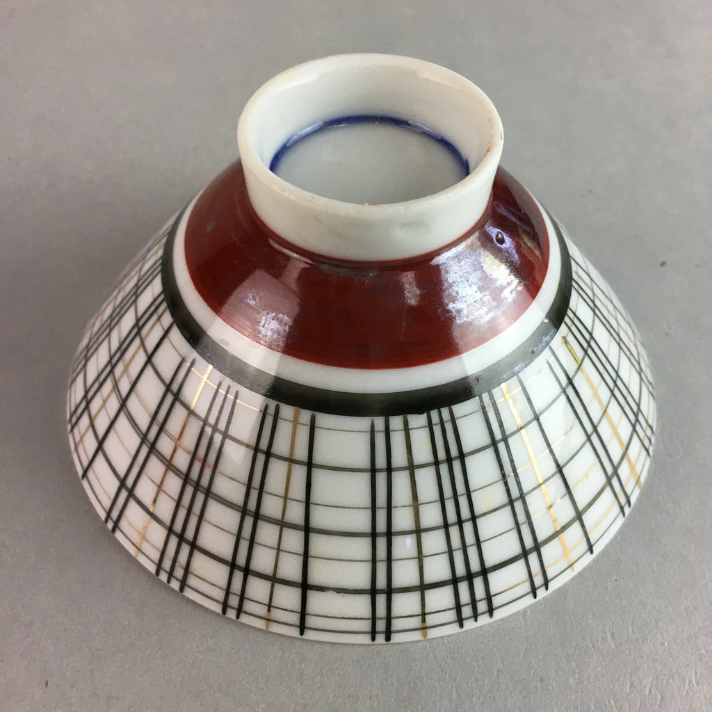 Japanese Porcelain Rice Bowl Vtg Chawan Plaid Black Gold Red PP276