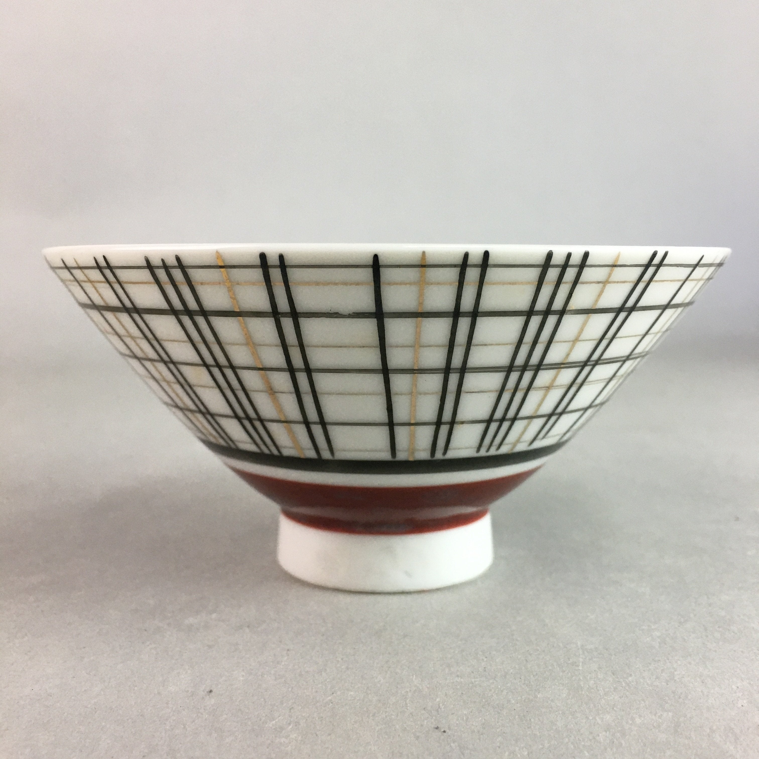 Japanese Porcelain Rice Bowl Vtg Chawan Plaid Black Gold Red PP276