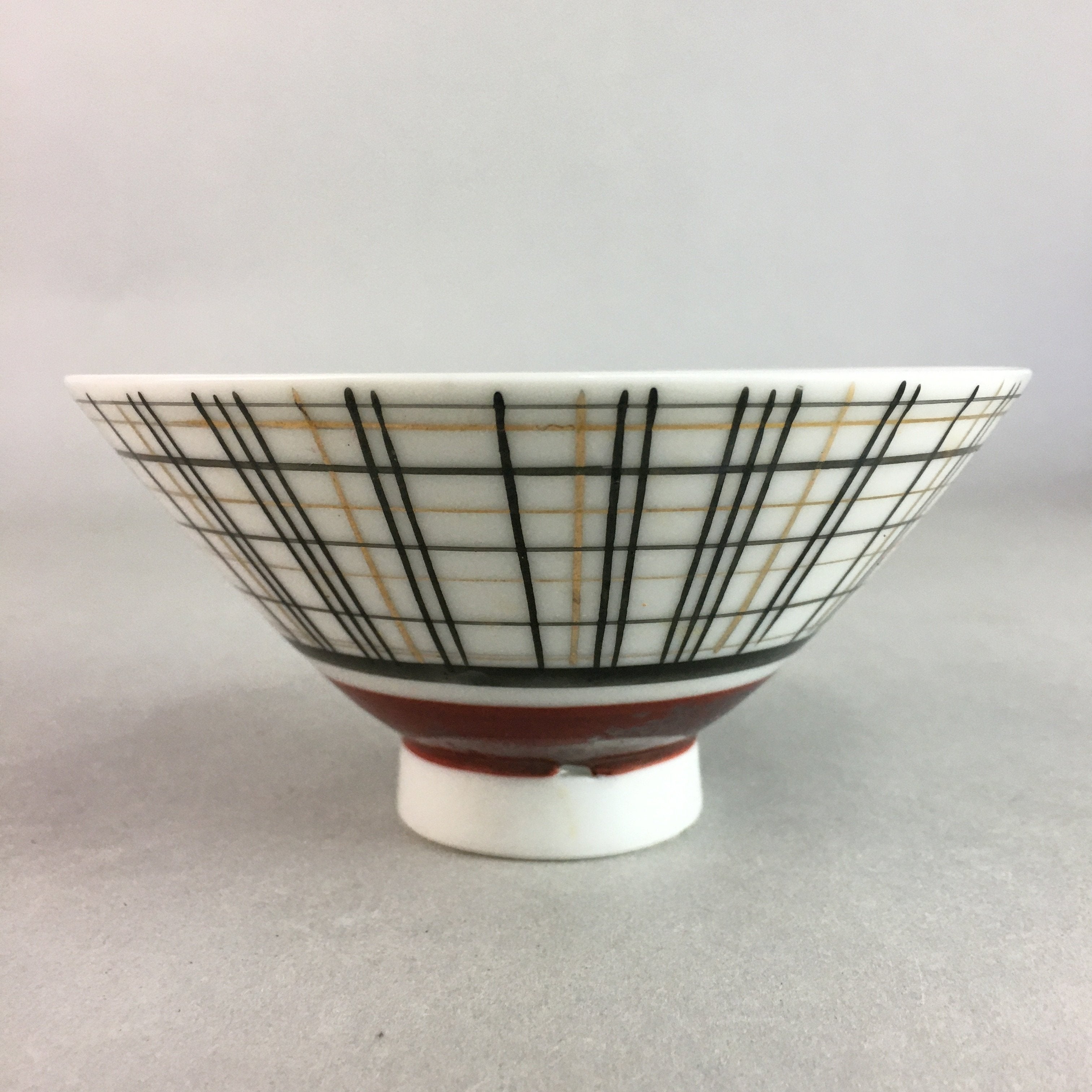 Japanese Porcelain Rice Bowl Vtg Chawan Plaid Black Gold Red PP276
