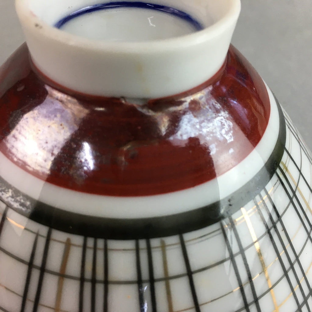 Japanese Porcelain Rice Bowl Vtg Chawan Plaid Black Gold Red PP276