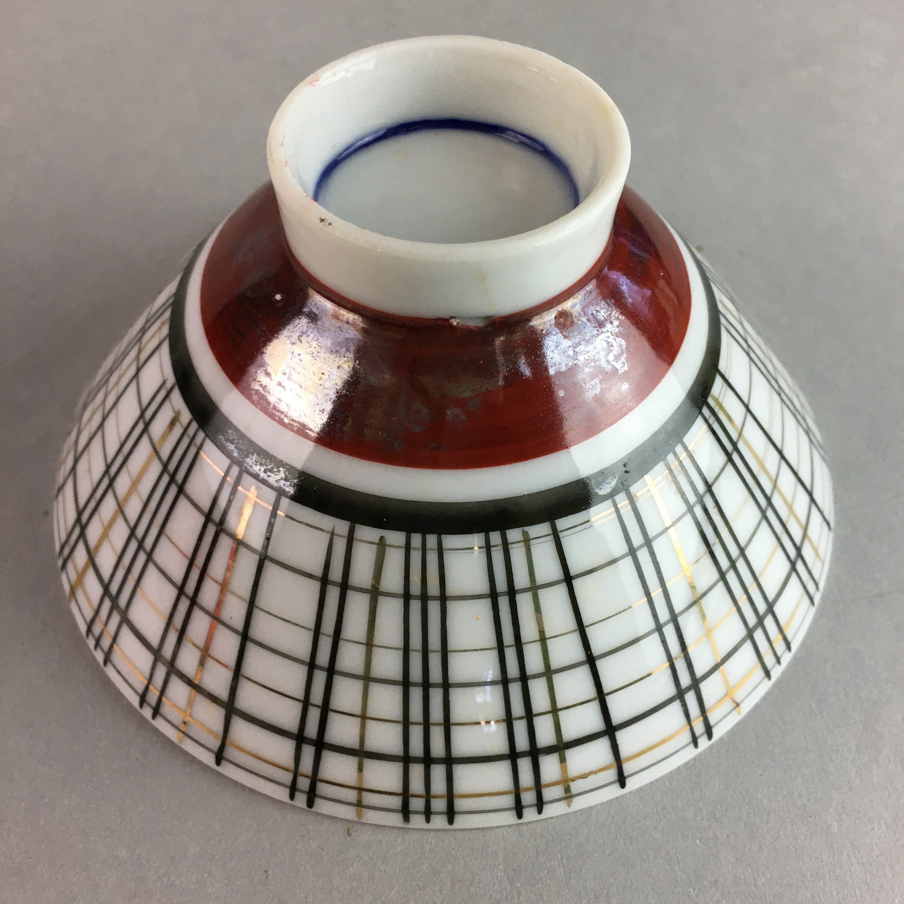 Japanese Porcelain Rice Bowl Vtg Chawan Plaid Black Gold Red PP276