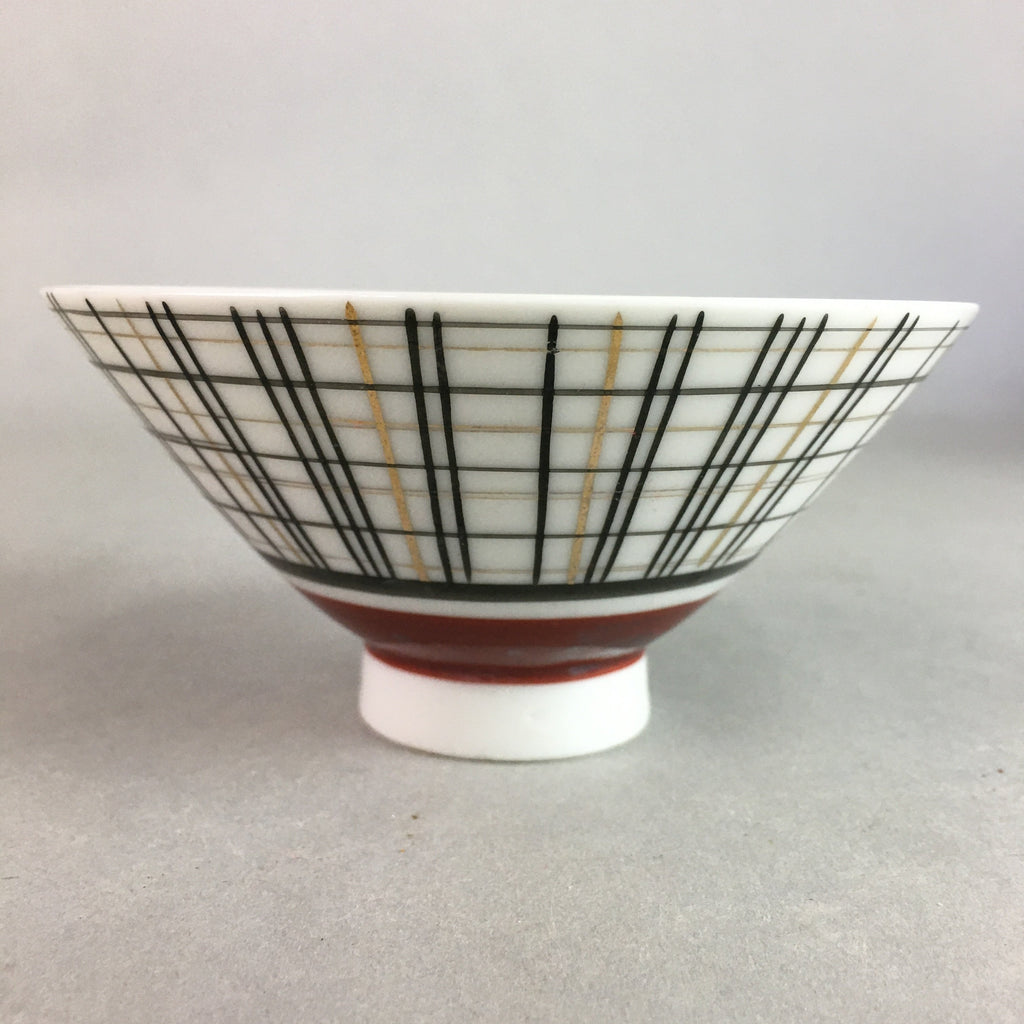 Japanese Porcelain Rice Bowl Vtg Chawan Plaid Black Gold Red PP276